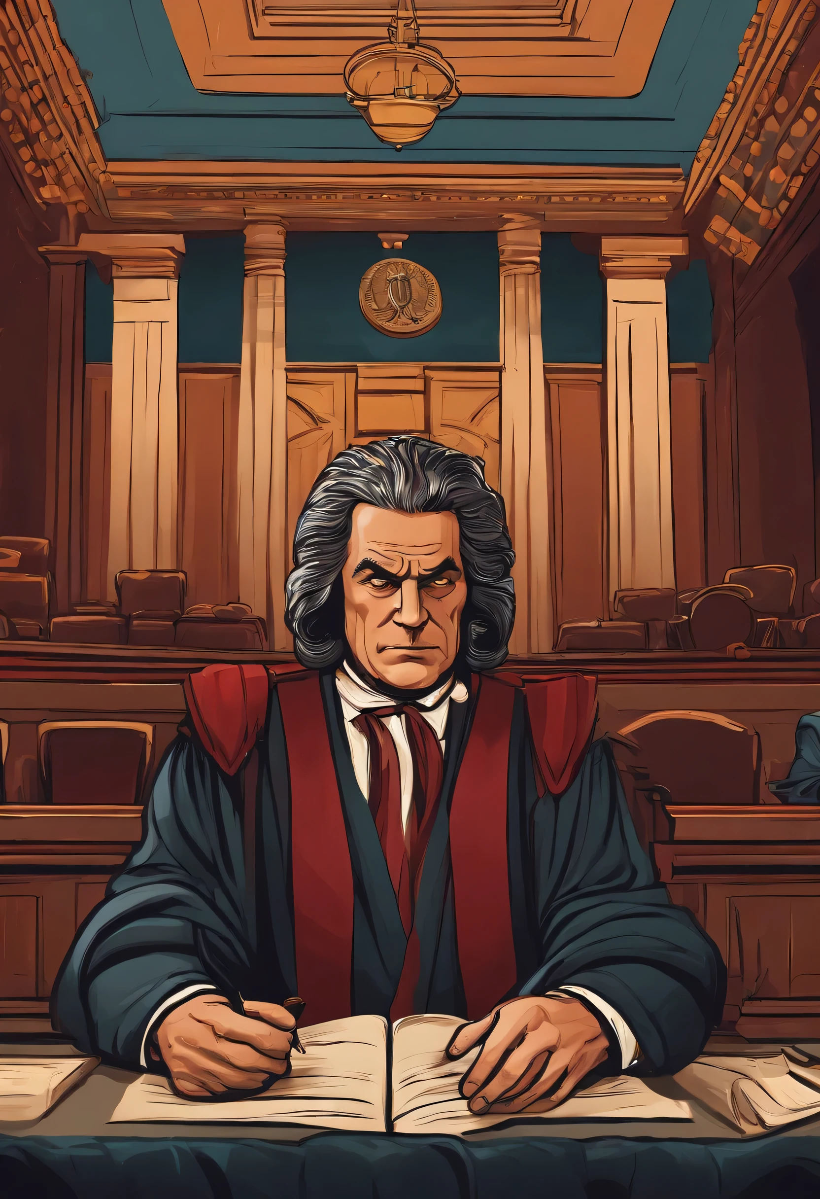 There is a Court room, with a a judge sitting looking angry