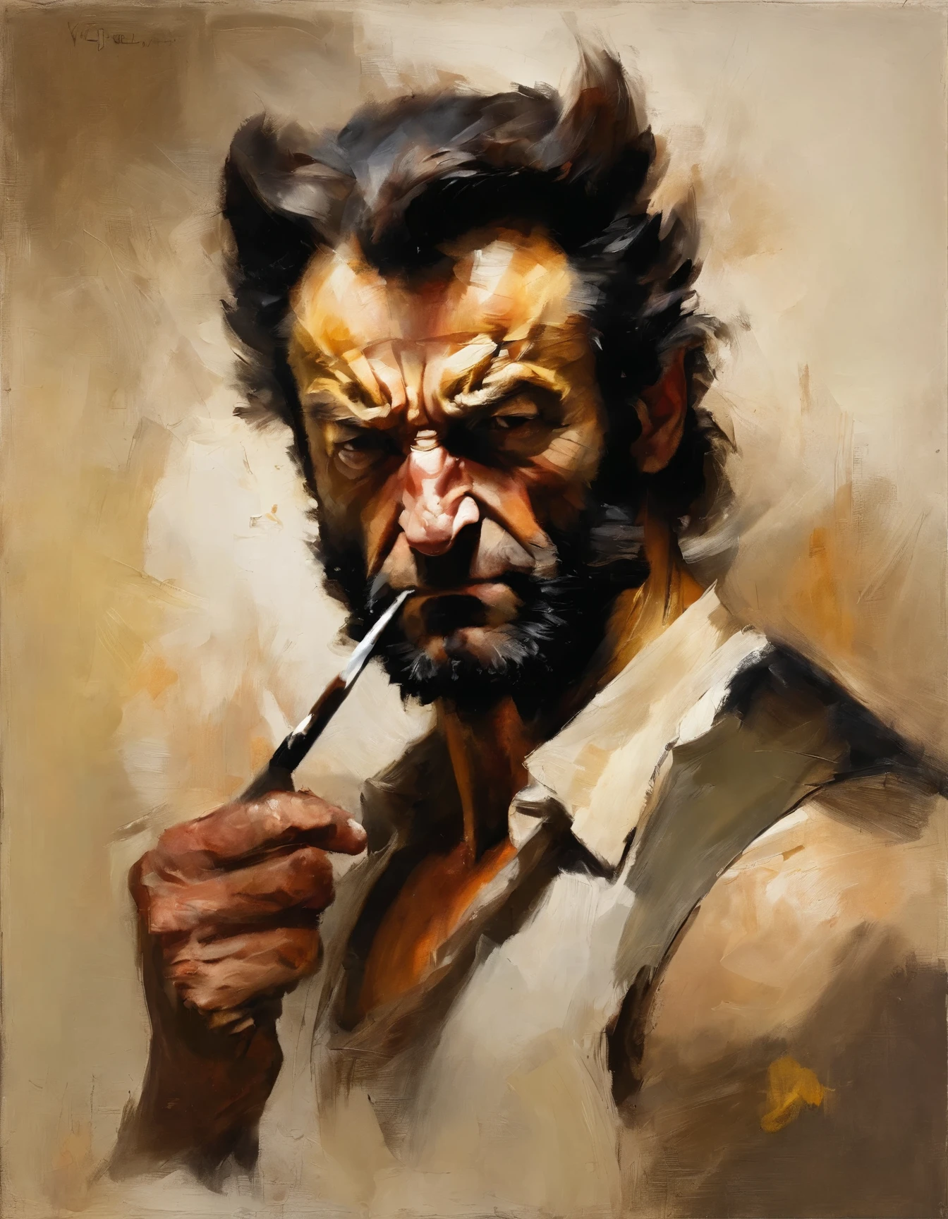 A portrait of (wolverine), holding cigar, covered in blood, Angry expression, smoke all around ,Baroque, dramatic contrasts between light and dark, emotional intensity, tenebrism, soft edges, oil on canvas, romanticism, baroque, realism, chiaroscuro, Dutch Golden Age, impasto, by Rembrandt van Rijn, by Rembrandt)