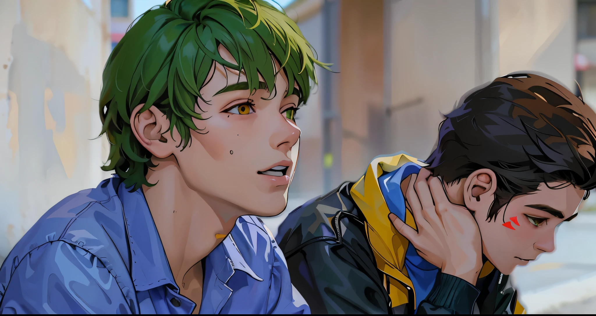 chico anime con cabello verde y ojos verdes esta hablando de alguien que se les acerca y esta mirando a alguien que se acerca ojos grandes verdes