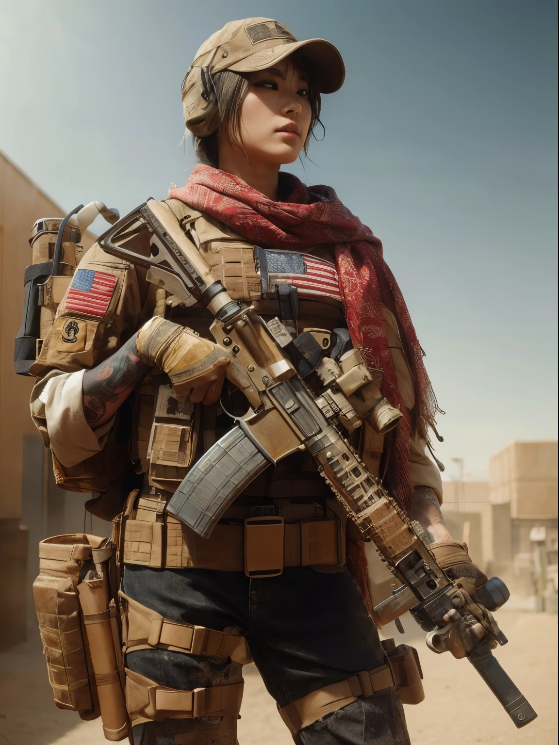 Photoreal、realistic skin texture、beautiful japanese woman、automatic rifle、tattoo