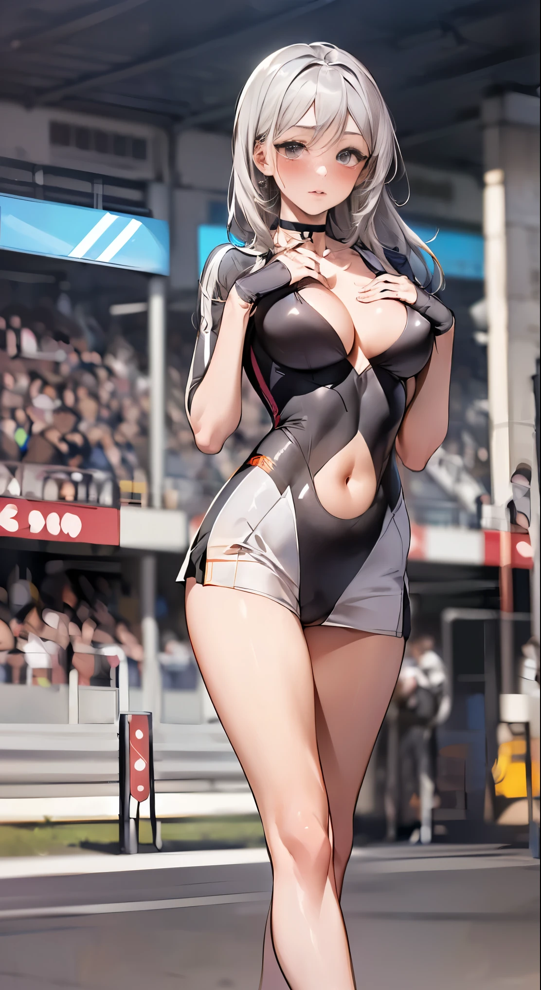 (masterpiece:1.2, highest quality, 8K, advanced details), (realistic, photorealistic:1.4), beautiful illustrations,
looking at the viewer, whole body, Front view:0.6,
1 female, 23 years old, Japanese, ((silver hair:1.5, hair parted in the middle)), ((height: 169 cm, (medium breasts:1.3), Moderate abs, big ass))
beautiful hair, beautiful face, beautiful and detailed eyes, ((gray eyes:1.3, round big eyes:1.5)), beautiful clavicle, beautiful body, beautiful breasts, beautiful thighs, beautiful feet, beautiful fingers, perfect anatomy:1.3, perfect anatomy
(Circuit field)
((racing suit:1.7, choker:1.6))
((Grasp the hem of the skirt with your right hand, Put your left hand on your chest, stand with legs apart:1.3)),
(Look at the viewer while blushing:1.3)