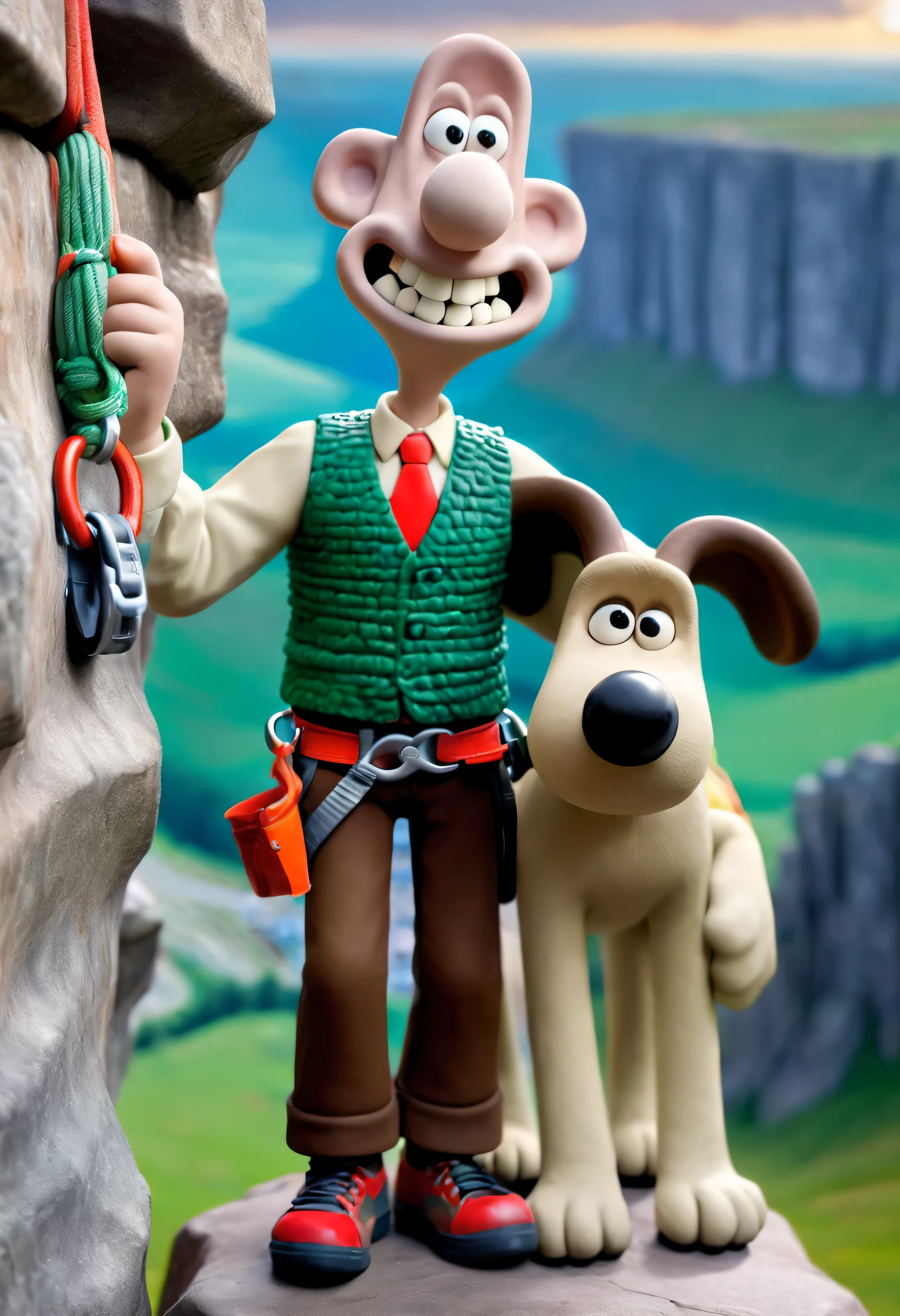 wallandgrom, friends, rock climbing, 1boy, 1dog, 3d \(artwork\), looking at viewer, smile, standing, full body, drooped ears, outdoors, shoes, teeth, belt, harness, grin, rope, climbing ropes, carabiner, rock, noose, field, sky, bald, red necktie, glistening nose, shadow, green vest, brown pants