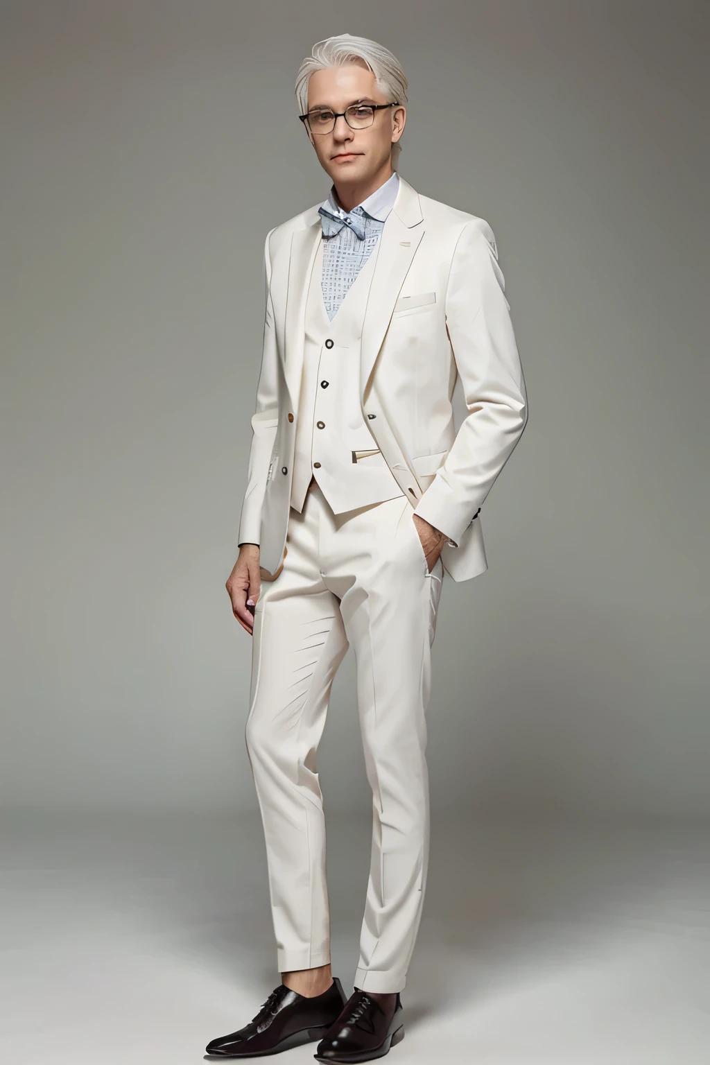 Father, white hair, wearing glasses, in a suit, full body