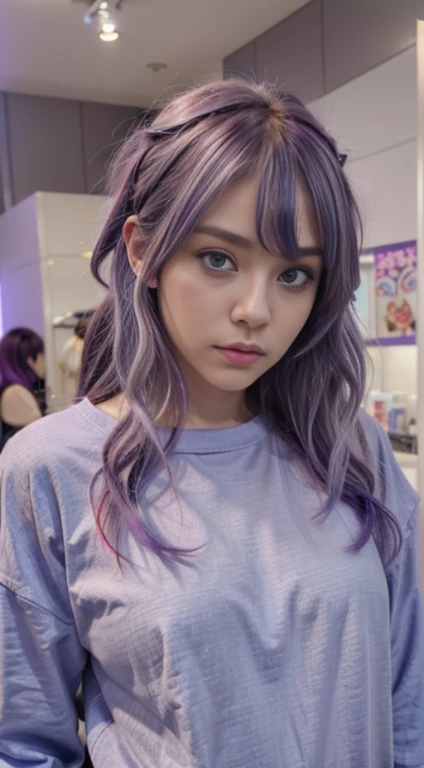 blue eyess、Light purple hair、Medium Hair、独奏、(top-quality、masterpiece)、(独奏)、waved hair、multicolored hair、simple background、punk