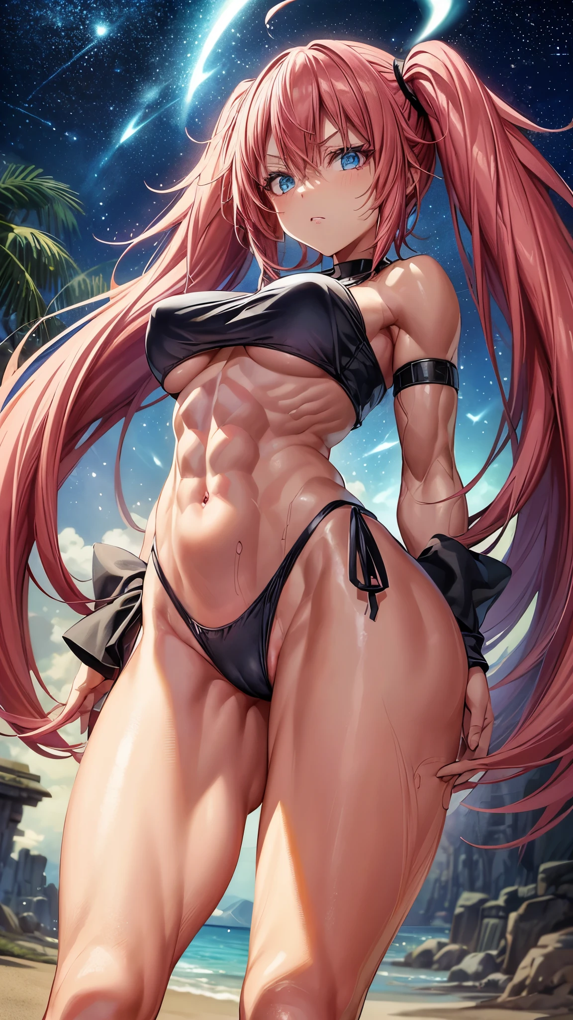 1 girl, (medium breasts))), (((wearing a short bikini))), (long pink hair), (((blue eyes))), Thin arms, (on the beach at night with a starry sky and a full blood moon), (slim waist), (((muscular legs))), muscular belly, wearing a red high heel shoe, (((showing her big ass to me))), {{{body photo entire}}} , (twintails), long eyes, glowing eyes, eye reflection, bad mood, anime, anime style, ray tracing, Glow, drop shadow, Panorama, Sony FE, 8k, UDisk, artwork, accurate , anatomically correct, super detail, best quality, Ultra high resolution, Hard disk, 16k