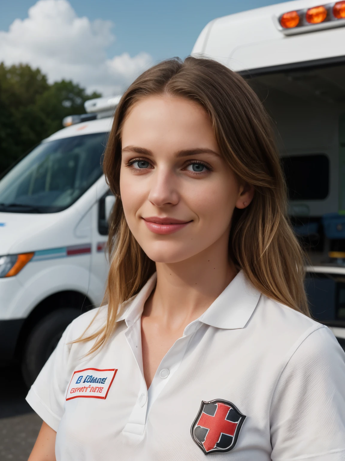 arafed woman beautiful young woman with brunette hair with blonde highlights, about 23 years old, dark blue eyes in a white polo shirt with a german red cross in front of a paramedic truck, by Thomas Häfner, paramedic, close body shot, paramedic, mia kischner, by Kristian Zahrtmann, shot on canon eos r 5, by Niko Henrichon, shot on canon eos r5, shot on nikon z9, cute smile