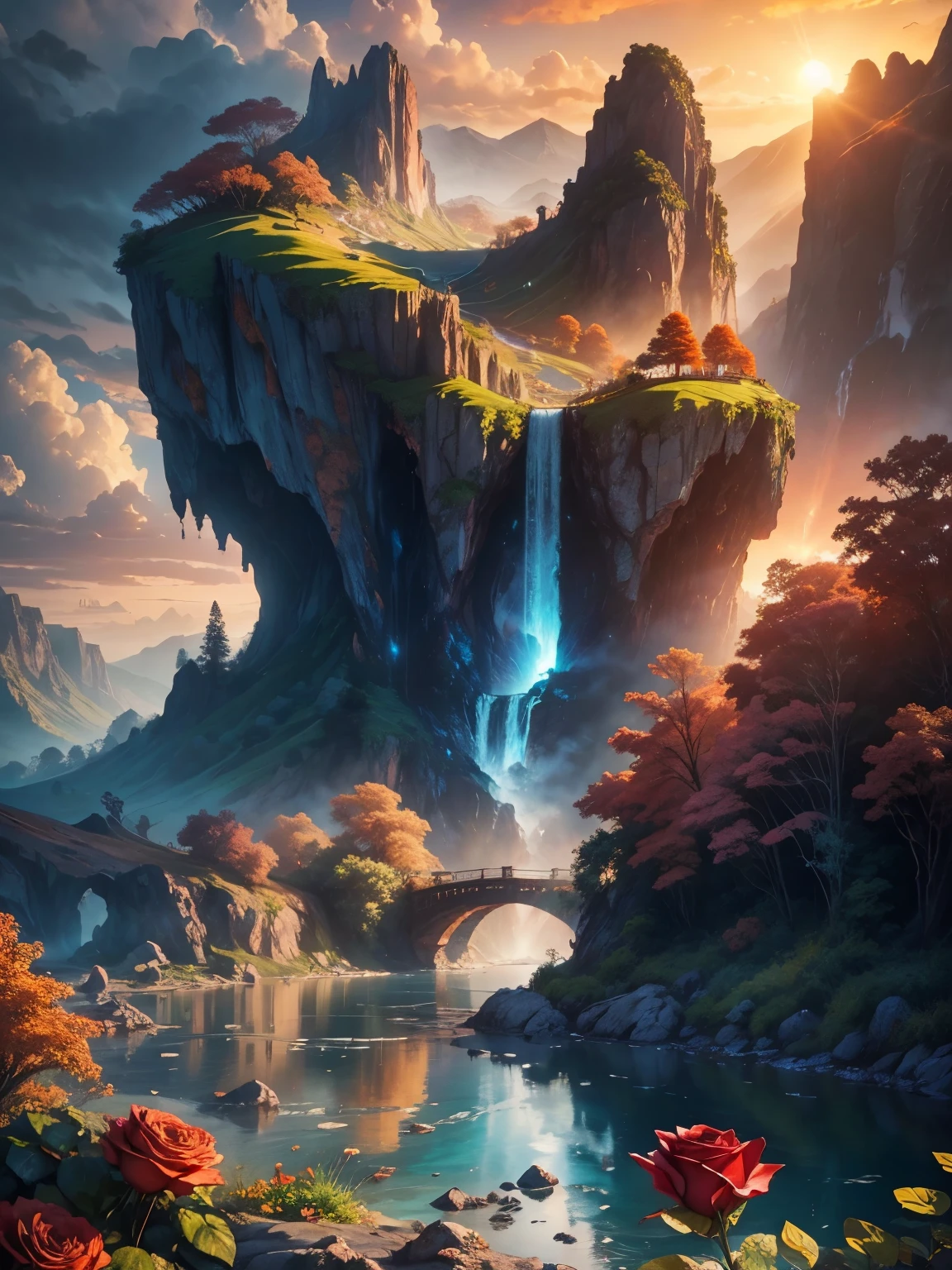 There is a large waterfall in the middle of a mountain, ((ancient city embedded in rock)), epic matte painting of an island, the lost city in the jungle, an Aztec city on an island lake, intricate and beautiful concept art, highly realistic concept art oil painting style, (((masterpiece))), high quality, extremely detailed CG unity 8k wallpaper, landscapes, outdoors, sky, cloud, nobody, mountain, landscape, water, tree, sunset sky with red and orange clouds, cliff waterfall, nature, lake, river, cloudy sky, award-winning photography, bokeh, depth of field, HDR, bloom, chromatic aberration, trending on artstation, trending on CGsociety, intricate, dramatic, midway art , high waterfall, painting of a river with rocks and trees in the foreground, near a river, jungle, crystal clear water, night light, evening sun behind red clouds with divergent sun rays, colorful, river with rocks, rock bridge , epic, fantasy, ((roses and flowers on the banks of the pond)), ((oil painting)), ((bridge rock))