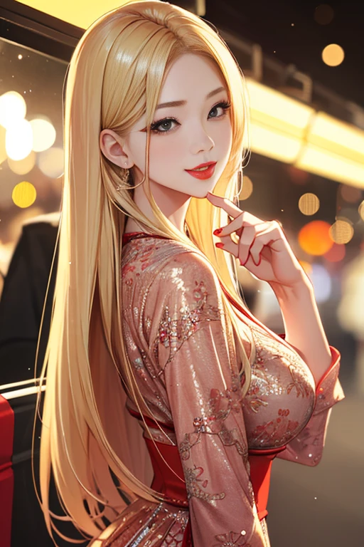 1girl,a beautiful korean fashion model bokeh train ,  (masterpiece, detailed background, best quality), long and shiny hair, blonde hair,  smirk, juicy lips,  red lips,