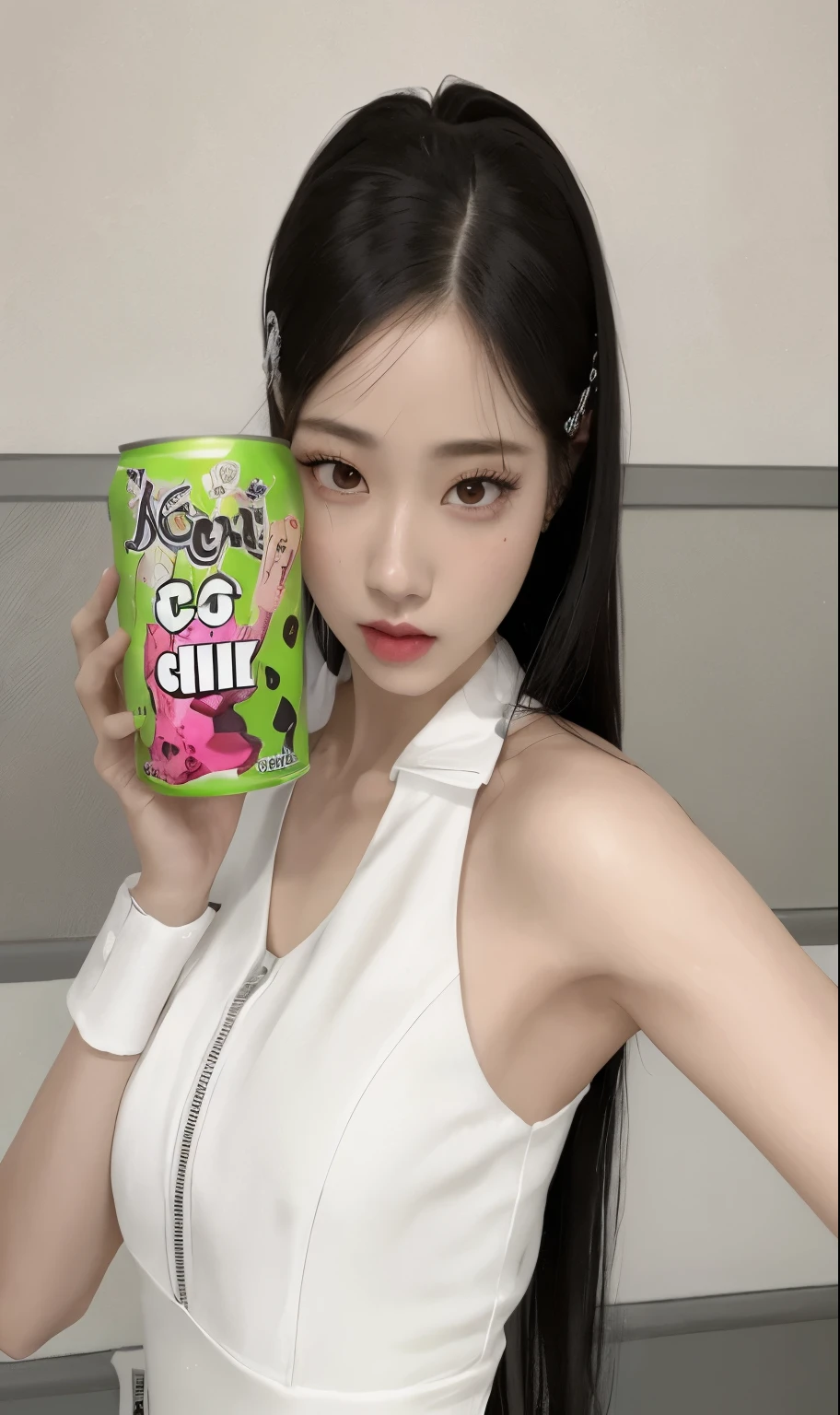 chica araffe con un vestido blanco sosteniendo una lata de refresco, tzuyu de dos veces, jaeyeon nam, jennie rosa negro, jossi de blackpink, heonhwa choe, kim doyoung, lee ji-eun, lee ji - eun, anime girl drinks energy drink, Jinyoung Shin, Estilo de Junji Ito, Jisoo de Blackpink
