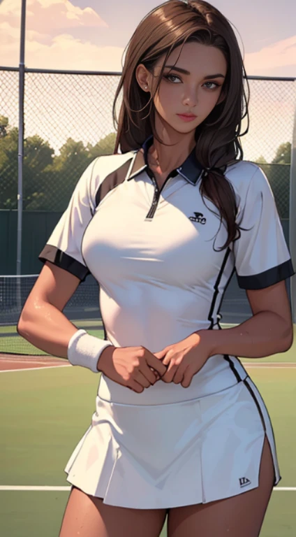 ((Top Quality, 8k, Masterpiece: 1.3)), Beautiful Woman, 1 Woman, Big: 1.3, Slender Figure: 1.1, Toned Abs, Dark Brown Hair, (Tennis, Wet Body, Tennis Uniform: 1.1), Ultra Detailed Face, Detailed Lips, Detailed Eyes, Double Eyelids, Tennis Court with racket