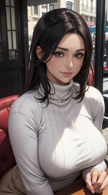 ((A mature woman sits in front of a café)),((turtleneck shirts:1.3)). 40k, Photography, Masterpiece, Best quality, dark grey background, ((Mature women, Wife, Mom, A MILF)), ((A plump chest)), Perfect face, perfect , ((Breast-huge)), ((1 girl with brown eyes and gorgeous light black hair)). a Pretty Japanese woman,full soft breasts and white skin, ((very soft breasts)). Ultra-detailed face, Detailed eyes, Embarrassed, Smile, Summer, Daytime, (((Slave collar))), Half body, dated