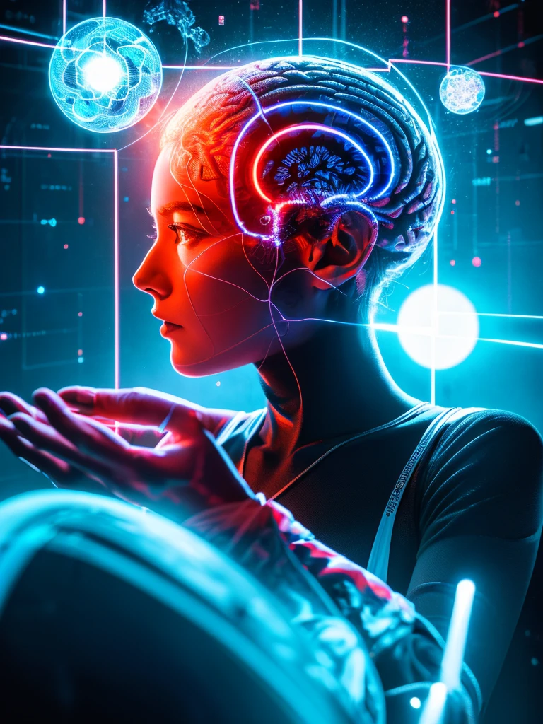 Quantum computer, human brain in the center, liquid around it, many lines, meters, science fiction, high quality images.