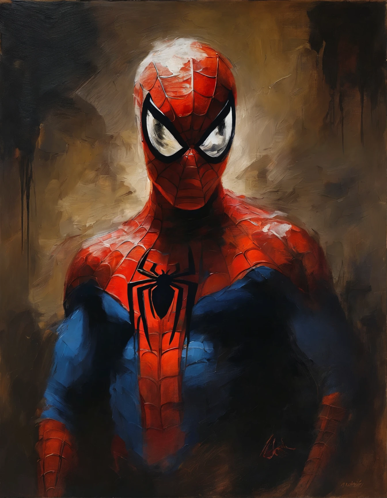 A portrait of (Spiderman), covered in blood, Angry expression, smoke all around ,Baroque, dramatic contrasts between light and dark, emotional intensity, tenebrism, soft edges, oil on canvas, romanticism, baroque, realism, chiaroscuro, Dutch Golden Age, impasto, by Rembrandt van Rijn, by Rembrandt)