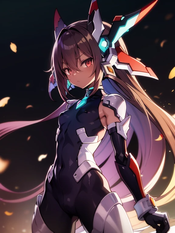 Anime figure, Masterpiece, best quality, highres, amazing quality, flat chested, (male), (8  boy), ((shota)), (Dark skin), cute, red eyes, medium hair with long dark brown hair, black exosuit, black gaunlets, long point headgear, black mecha musume, close up, ((blazblue black murakumo unit armour)) magical boy,