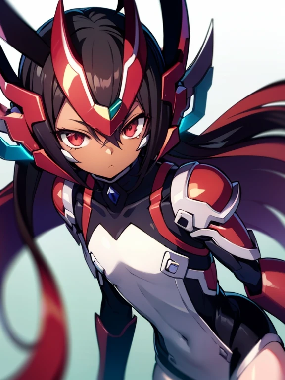 Anime figure, Masterpiece, best quality, highres, amazing quality, flat chested, (male), (8  boy), ((shota)), (Dark skin), cute, red eyes, medium hair with long dark brown hair, black exosuit, black gaunlets, long point headgear, black mecha musume, close up, ((blazblue black murakumo unit armour)) magical boy,