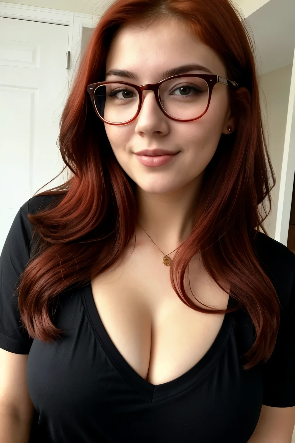 A sexy Young girl with a slim body, (small breasts:1.2), In the red color hair, Discreet smile, Glasses, a collar around her neck, naked body, Youthful frail appearance, (A very small and thin panty sexy thong that is tight to the body), (high resolution 4k texture 8k high quality)