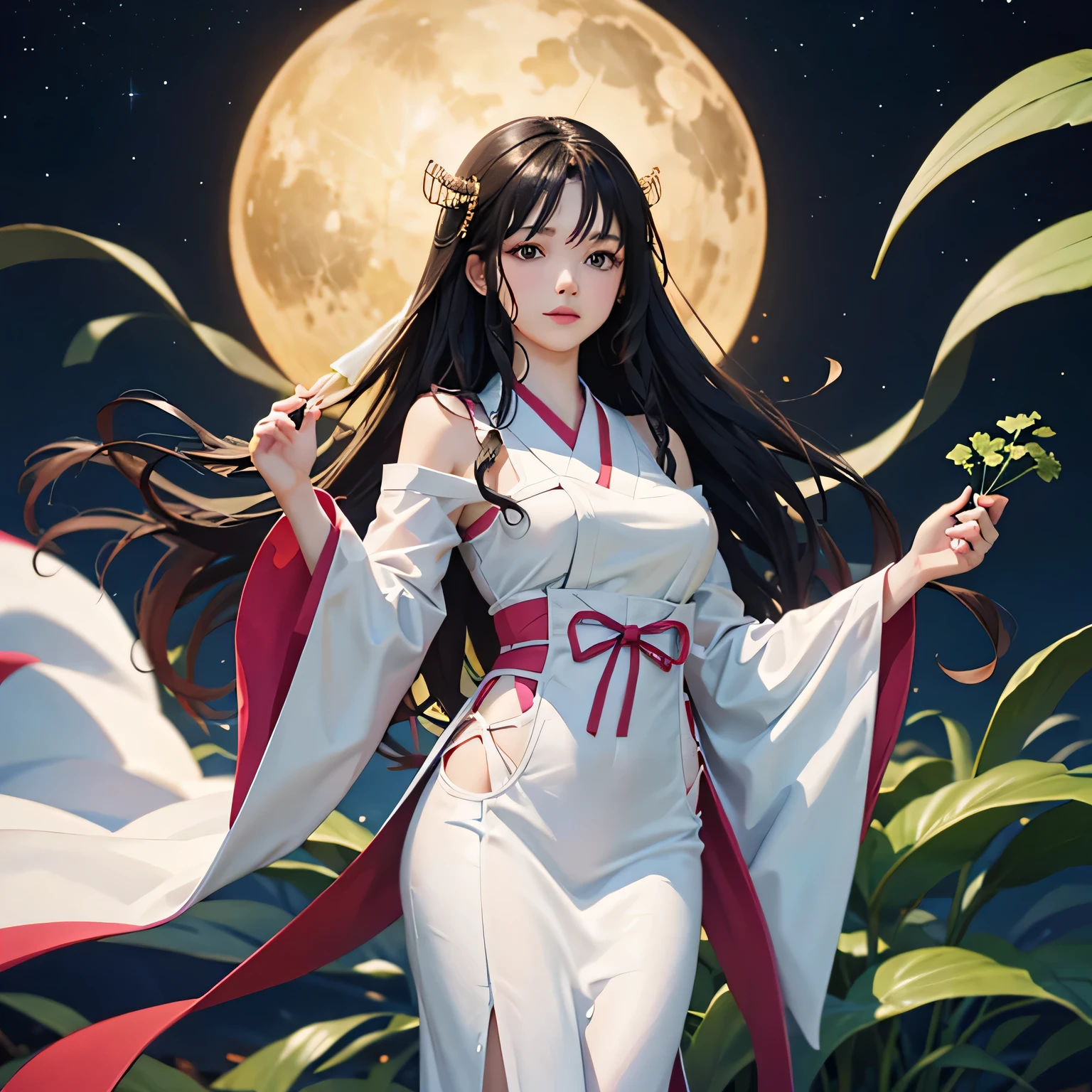 super fine illustration, highest quality, Woman in traditional Japanese costume holding freshly picked celery at night. Her long, elegantly flowing black hair is delicate and beautiful., Pure white and delicate features. Acrylic painting style that emphasizes simple yet profound beauty.
