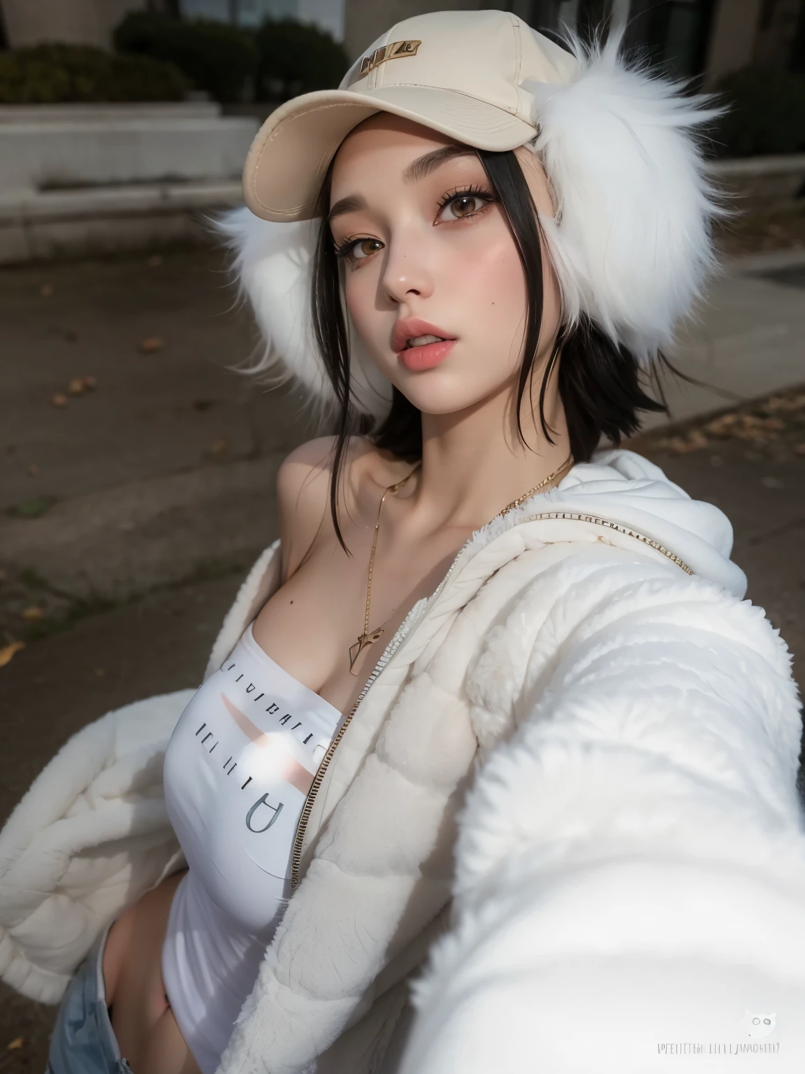 araffe woman wearing a hat and a furry coat taking a selfie, anna nikonova aka newmilky, instagram model, wearing a chocker and cute hat, with white fluffy fur, xision wu, portrait sophie mudd, angiewolf, lily frank, with hat, white fox ears, sakimichan, angelawhite, black haired girl wearing hoodie