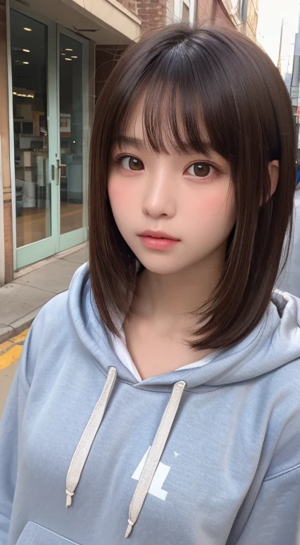 masterpiece, Best Quality, One girl, (a beauty girl, Delicate girl:1.3), (:1.3), Very fine eye definition, (Symmetrical eyes:1.3), (street view:1.2), (hoodie:1.2), Small breasts, Brown eyes, Parted bangs, Brown hair, girl, (Eyes and faces with detailed:1.0), (close up to face, zoom in face, face focus:1.0)