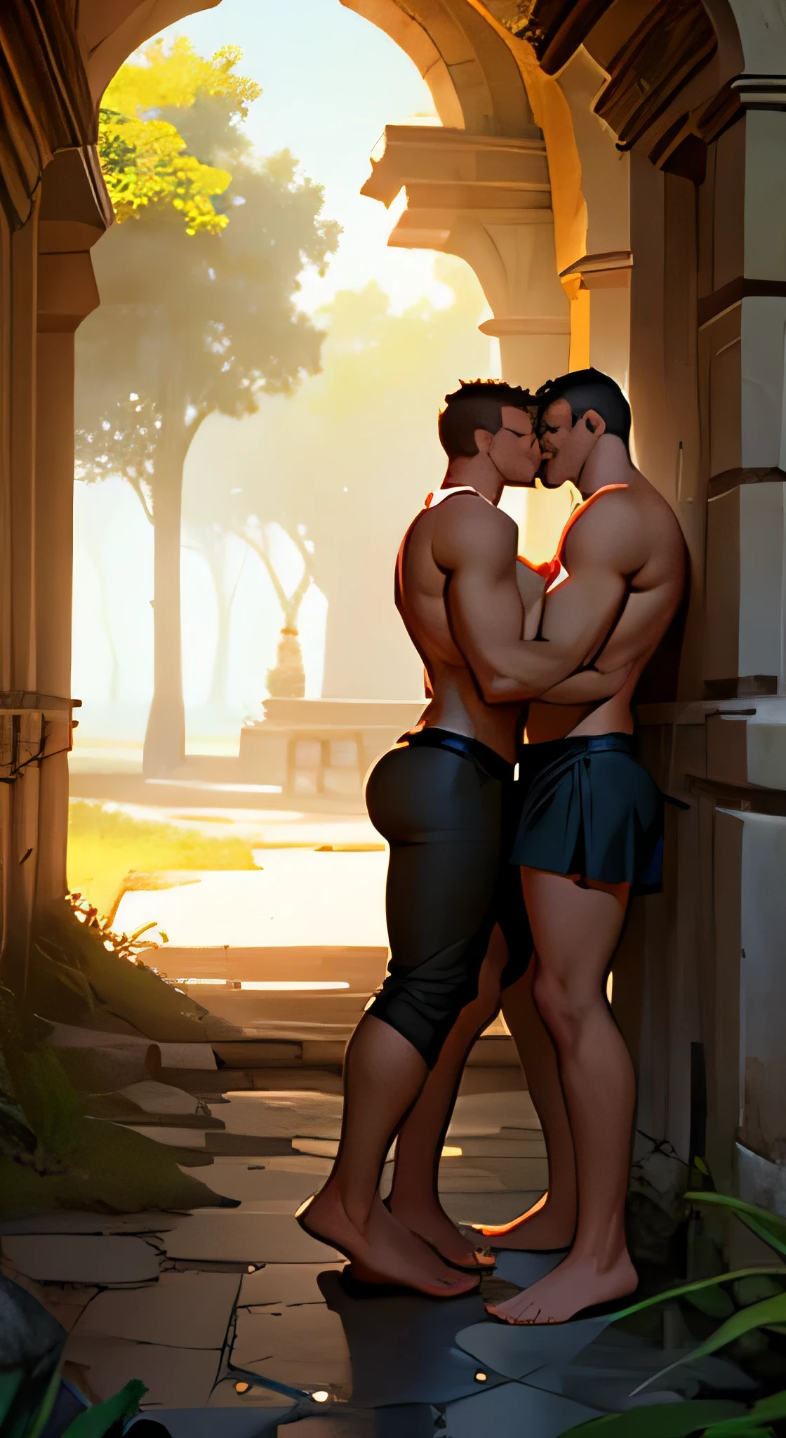 two muscular men kiss on beach, spanish, romance, naked, digital art, photo-realistic, dynamic lighting, full body, ruins and trees in background
