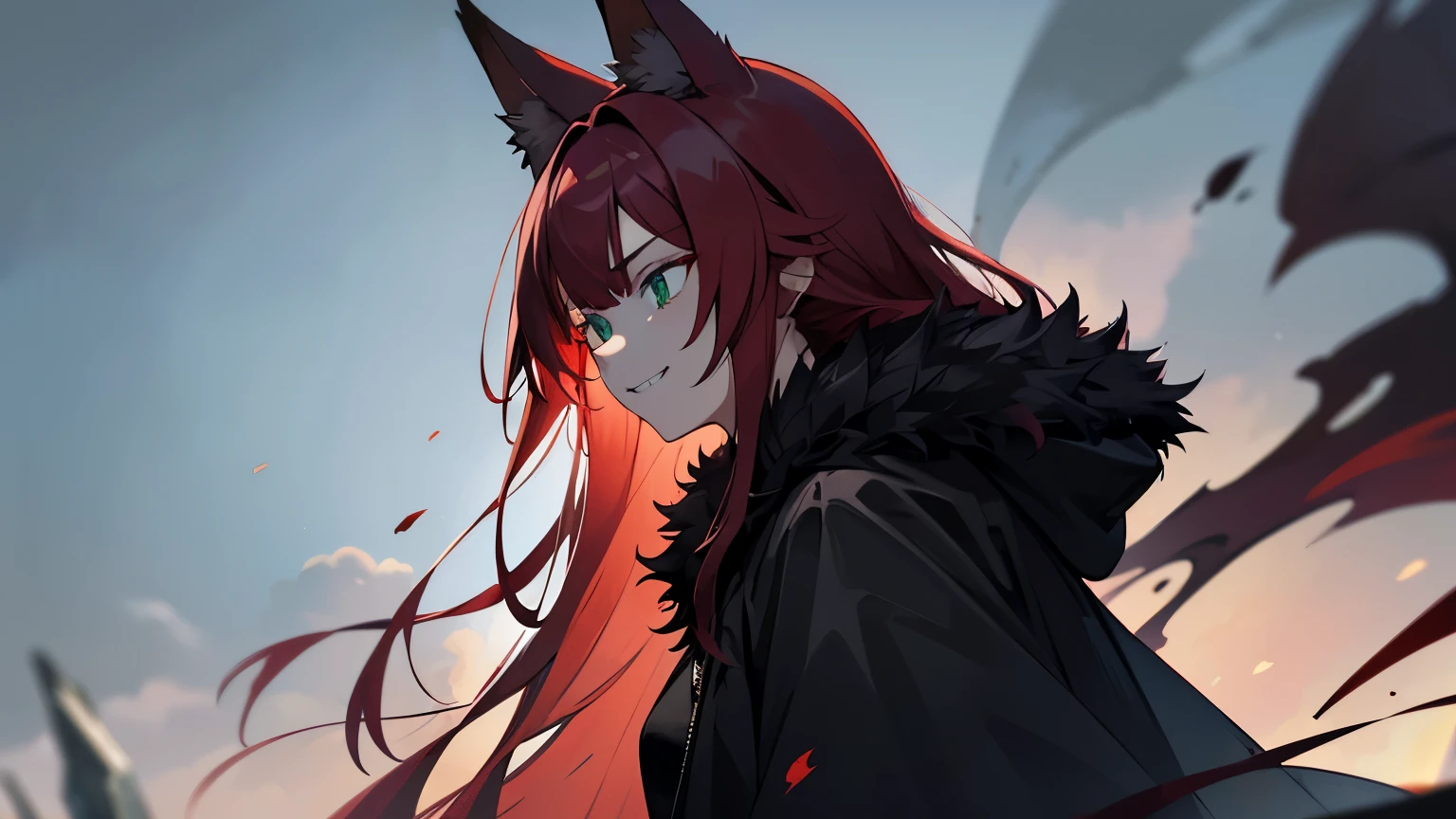 1girl, solo, long red hair, from side, green eyes with vertical pupil, fox ears, long black coat, black fur hood, red fox tail, vertical scar, right eye obscured, solemn smile, expression, sharp teeth, arrogant look, face and clothes stained with blood, gray earth, blood and corpses, smoky clouds, raised chin, facial expression