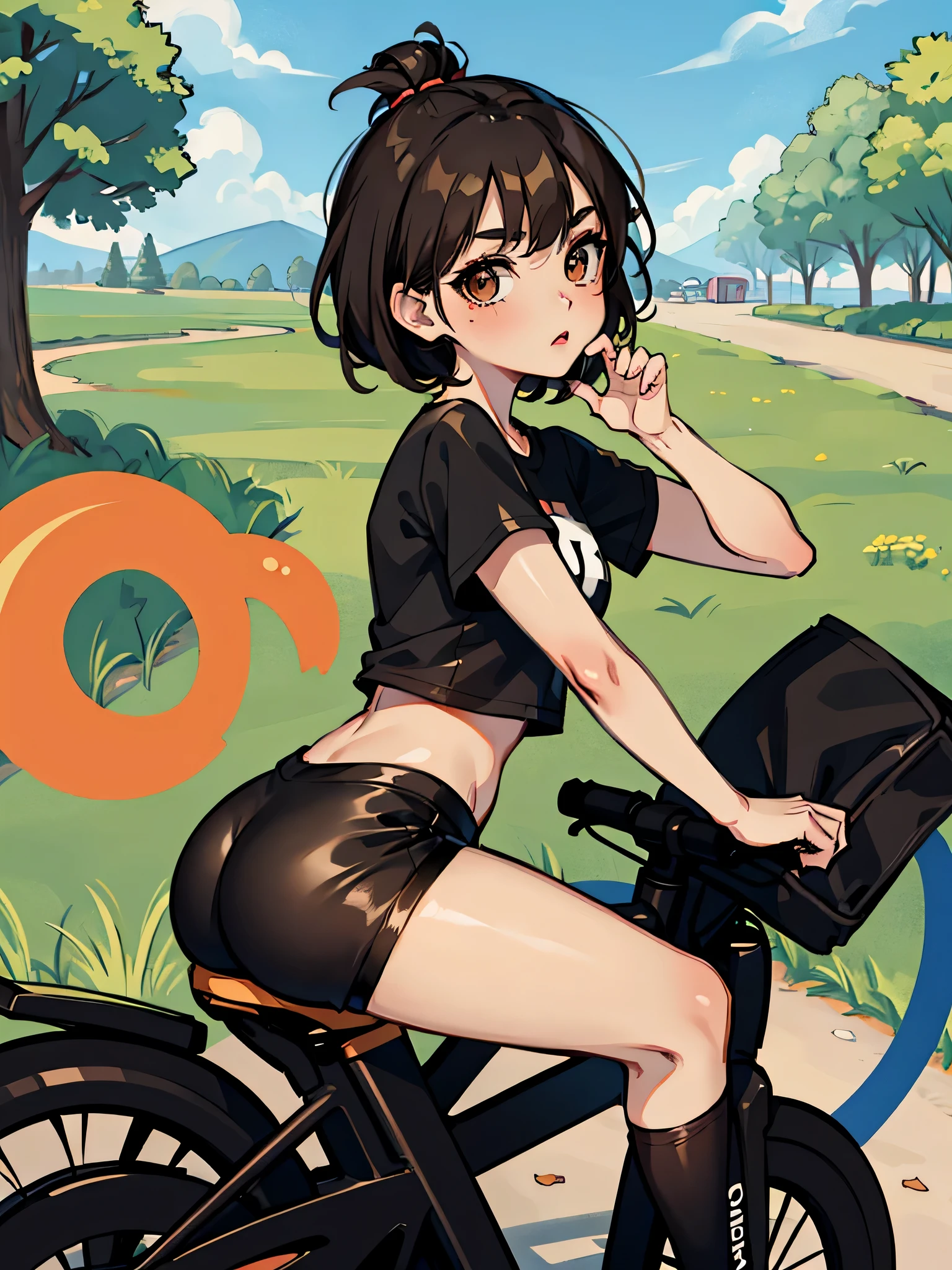 1 anime girl, brown skin, black hair, hazel eyes, black t-shirt, bike shorts, park, bending over, bubble butt, high res, ultrasharp, 8k, masterpiece, looking at viewer