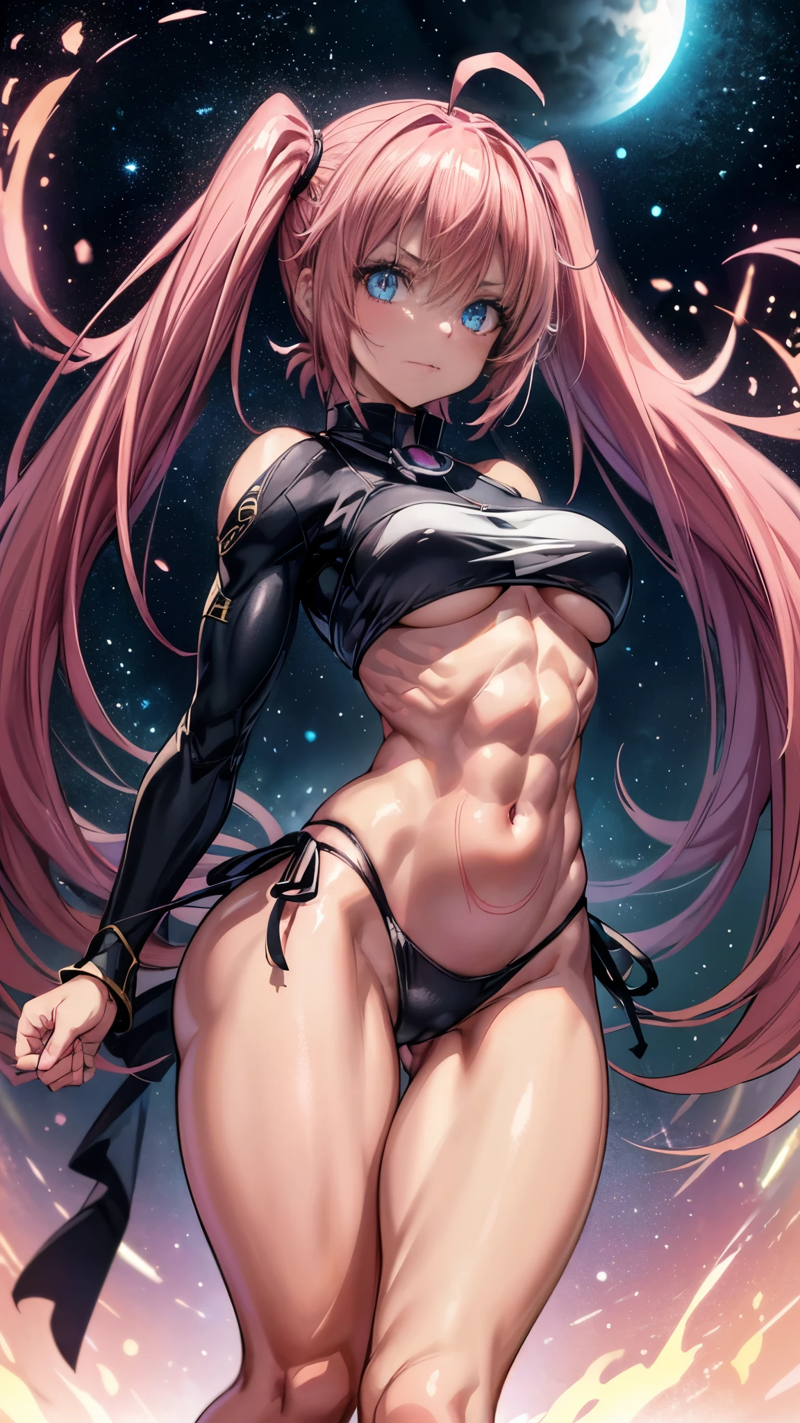 1 girl, (medium breasts))), (((wearing a short bikini))), (long pink hair), (((blue eyes))), Thin arms, (on the beach at night with a starry sky and a full blood moon), (slim waist), (((muscular legs))), muscular belly, wearing a red high heel shoe, (((showing her big ass to me))), {{{body photo entire}}} , (twintails), long eyes, glowing eyes, eye reflection, bad mood, anime, anime style, ray tracing, Glow, drop shadow, Panorama, Sony FE, 8k, UDisk, artwork, accurate , anatomically correct, super detail, best quality, Ultra high resolution, Hard disk, 16k