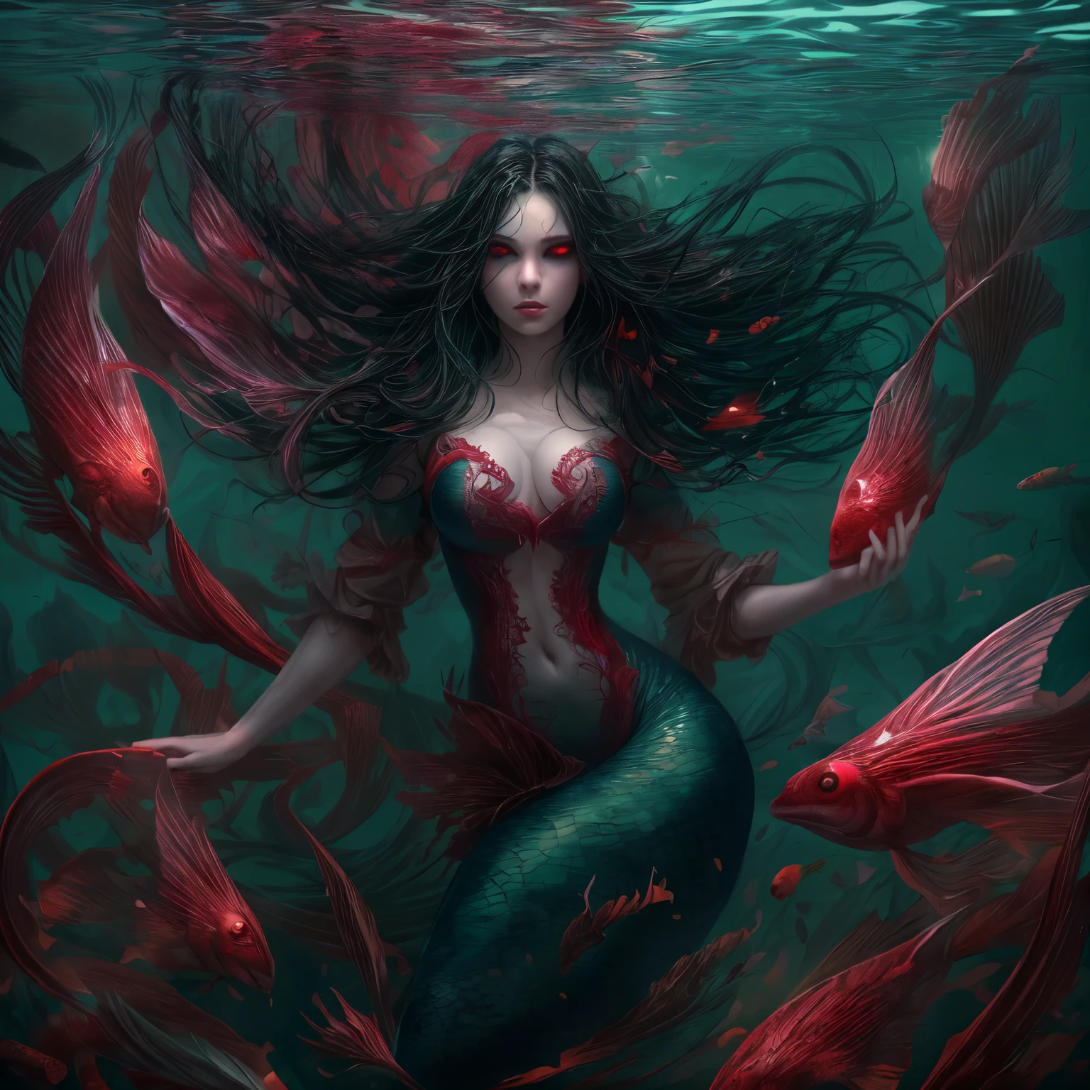 high details, best quality, 16k, [ultra detailed], masterpiece, best quality, (extremely detailed), full body, ultra wide shot, RAW, photorealistic, dark fantasy art, dnd art, rpg art, realistic art, an ultra wide picture of a vampiric mermaid (1.5 intricate details, Masterpiece, best quality) blood mage casting ((blood control spell)), blood wizard ((blood magic, intense magic details)), ((controlling a swirling mass of blood)) underwater, magical symbols GlowingRunes_pink, female vampiric mermaid, pale skin, black hair, long hair, swirling hair, lower body tail fin, intense eyes, red eyes, small (( red eyes)), ((glowing eyes)), wearing sea shell clothing, beautiful dark mermaid, underwater background, rich underwater life, ((magical atmosphere)), fish and sea weeds, high details, best quality, highres, ultra wide angle