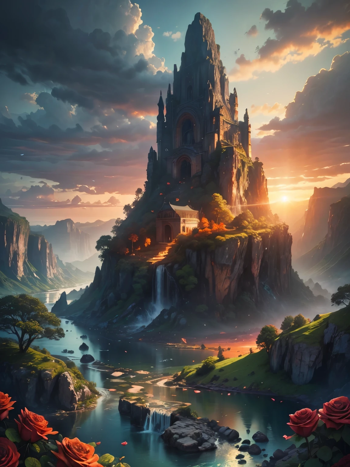 There is a large waterfall in the middle of a mountain, ((ancient city embedded in rock)), epic matte painting of an island, the lost city in the jungle, an Aztec city on an island lake, intricate and beautiful concept art, highly realistic concept art oil painting style, (((masterpiece))), high quality, extremely detailed CG unity 8k wallpaper, landscapes, outdoors, sky, cloud, nobody, mountain, landscape, water, tree, sunset sky with red and orange clouds, cliff waterfall, nature, lake, river, cloudy sky, award-winning photography, bokeh, depth of field, HDR, bloom, chromatic aberration, trending on artstation, trending on CGsociety, intricate, dramatic, midway art , high waterfall, painting of a river with rocks and trees in the foreground, near a river, jungle, crystal clear water, night light, evening sun behind red clouds with divergent sun rays, colorful, river with rocks, rock bridge , epic, fantasy, ((roses and flowers on the banks of the pond)), ((oil painting)), ((bridge rock))