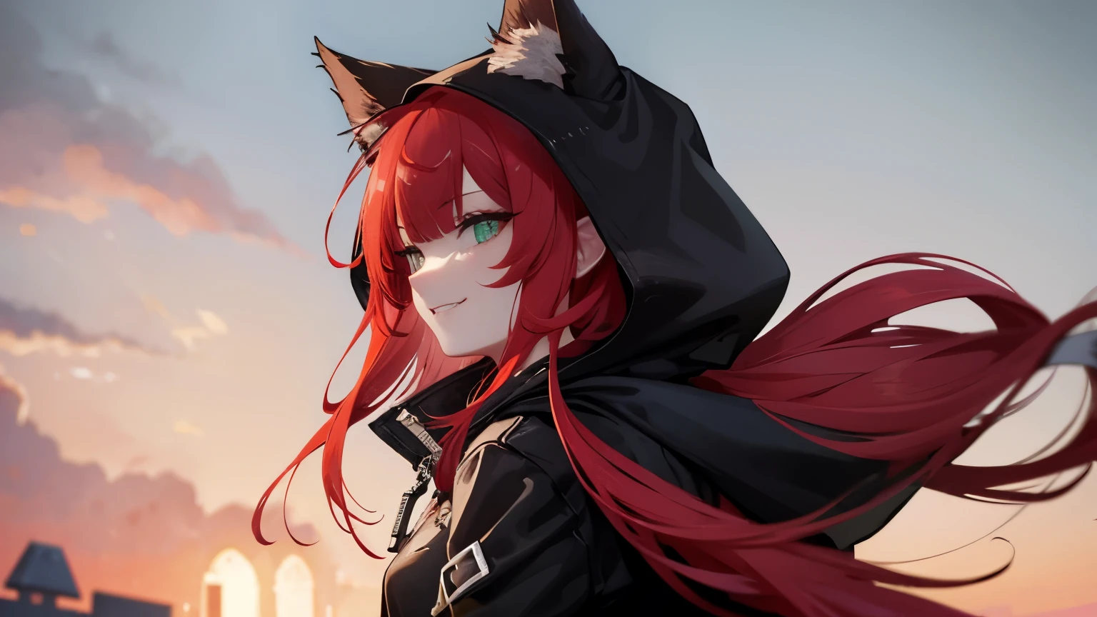 1girl, solo, long red hair, from side, green eyes with vertical pupil, fox ears, long black coat, black fur hood, red fox tail, vertical scar, right eye obscured, solemn smile, expression, sharp teeth, arrogant look, face and clothes stained with blood, gray earth, blood and corpses, smoky clouds, raised chin, facial expression