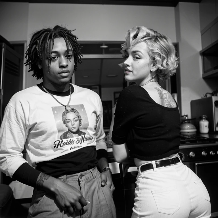 a 1950s Black and White photograph of Juice WRLD,with Marilyn Monroe.