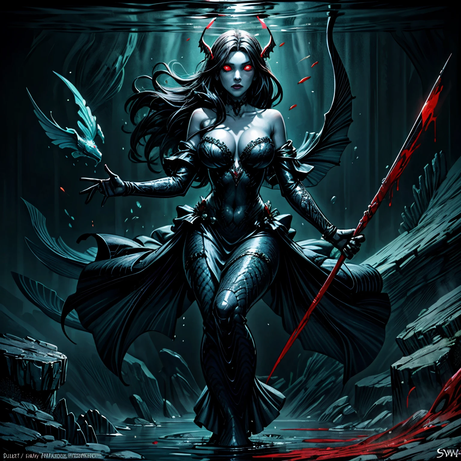 high details, best quality, 16k, [ultra detailed], masterpiece, best quality, (extremely detailed), full body, ultra wide shot, RAW, photorealistic, dark fantasy art, dnd art, rpg art, realistic art, an ultra wide picture of a vampiric mermaid (1.5 intricate details, Masterpiece, best quality) blood mage casting ((blood control spell)), blood wizard ((blood magic, intense magic details)), ((controlling a swirling mass of blood)) underwater, magical symbols GlowingRunes_pink, female vampiric mermaid, pale skin, black hair, long hair, swirling hair, lower body tail fin, intense eyes, red eyes, small (( red eyes)), ((glowing eyes)), wearing sea shell clothing, beautiful dark mermaid, underwater background, rich underwater life, ((magical atmosphere)), fish and sea weeds, high details, best quality, highres, ultra wide angle