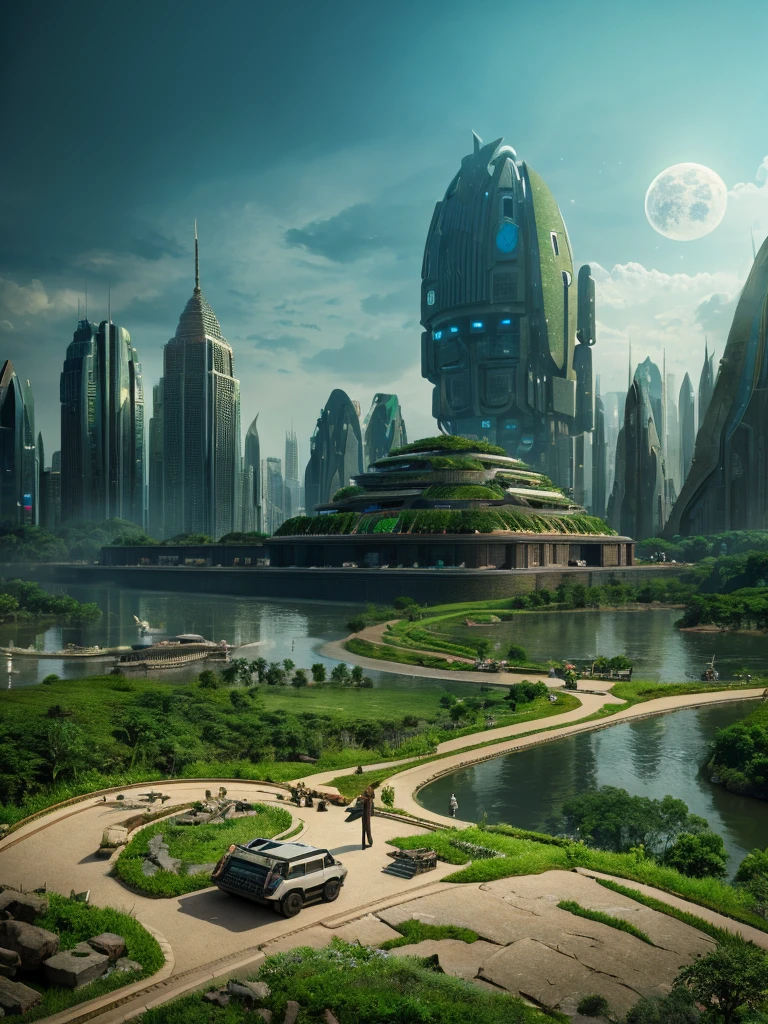 Gigantic stone civilization, Amazon riverbank, unexplored, undiscovered, science fiction, 4K images.