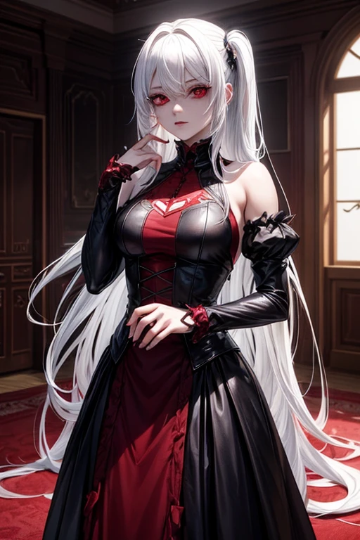 A female character with white hair and red eyes that taste like blood, a powerful demon, but inside a house like a mansion
