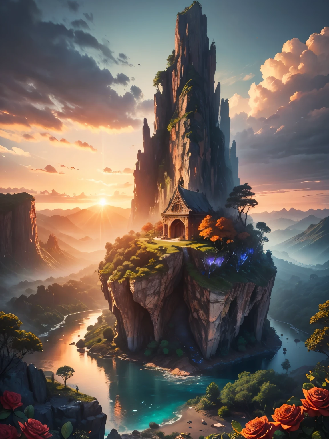 There is a large waterfall in the middle of a mountain, ((ancient city embedded in rock)), epic matte painting of an island, the lost city in the jungle, an Aztec city on an island lake, intricate and beautiful concept art, highly realistic concept art oil painting style, (((masterpiece))), high quality, extremely detailed CG unity 8k wallpaper, landscapes, outdoors, sky, cloud, nobody, mountain, landscape, water, tree, sunset sky with red and orange clouds, cliff waterfall, nature, lake, river, cloudy sky, award-winning photography, bokeh, depth of field, HDR, bloom, chromatic aberration, trending on artstation, trending on CGsociety, intricate, dramatic, midway art , high waterfall, painting of a river with rocks and trees in the foreground, near a river, jungle, crystal clear water, night light, evening sun behind red clouds with divergent sun rays, colorful, river with rocks, rock bridge , epic, fantasy, ((roses and flowers on the banks of the pond)), ((oil painting)), ((bridge rock))