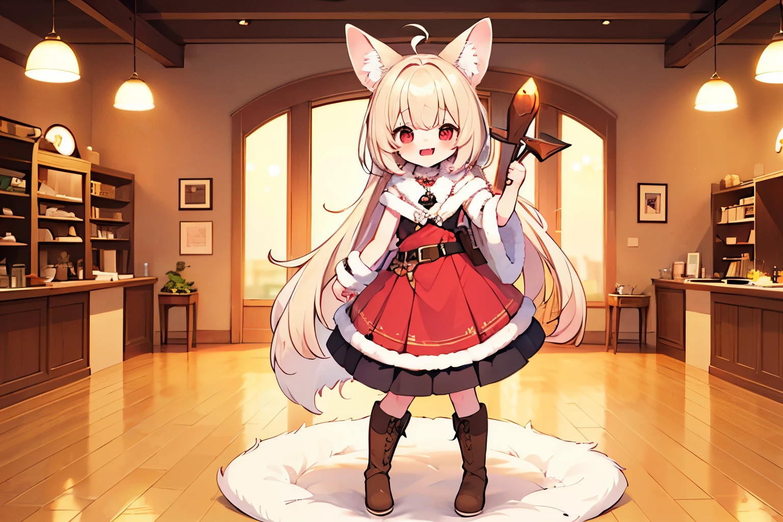 (Solo, young, anthro, fennec fox, small hair, small ahoge, light brown hair, small snout, flat chest, 2 tails, fox tail, 3 feet 1 inches of height, little thighs, ((long fur, yellow fur)), round head, round chin, small fangs and big red eyes) wearing (brown collar, pink blouse, red skirt, long skirt, leather belt, brown boots), standing, greeting, smile, by dagasi, by diives