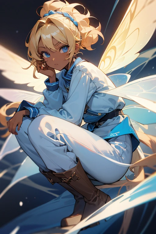 girl,blonde hair,dark skin,blue eyes,curly hair in messy buns,white sirt with blue details in a strapless blouse style with long sleeves,blues pants,brown boots,white fairy wings,black colar,skiny body,