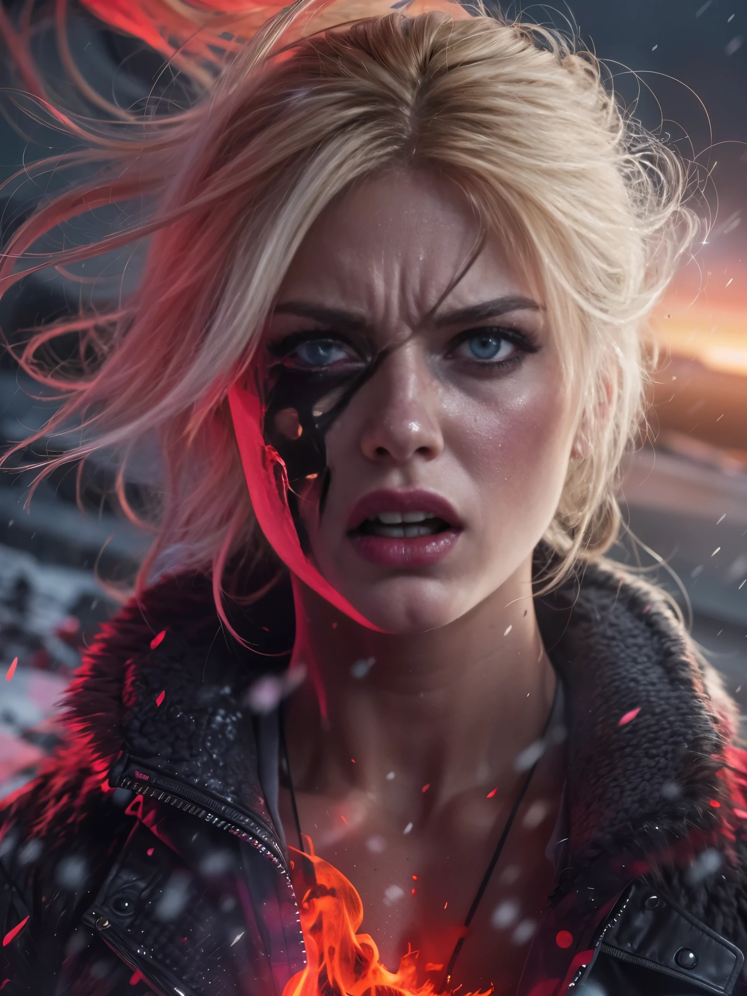 Best Quality, Masterpiece, 8k, RAW, 1 ultra hot gorgeous European woman, age 23, she’s a playmate, men magazine model ((raging)), (blonde hair), color-theme red, dramatic light, ???????? everywhere, snowy landscape, northern lights background destruction in background, background dark and blurred, (angry expression:1.4), (raging eyes:1.2), red eyes, (heterochromia:1.2), mental breakdown, intimidation, harms way, (Anger:1.4), vengeance, rage, destruction, ??????, insanity, going insane, loosing control, (((black light)))