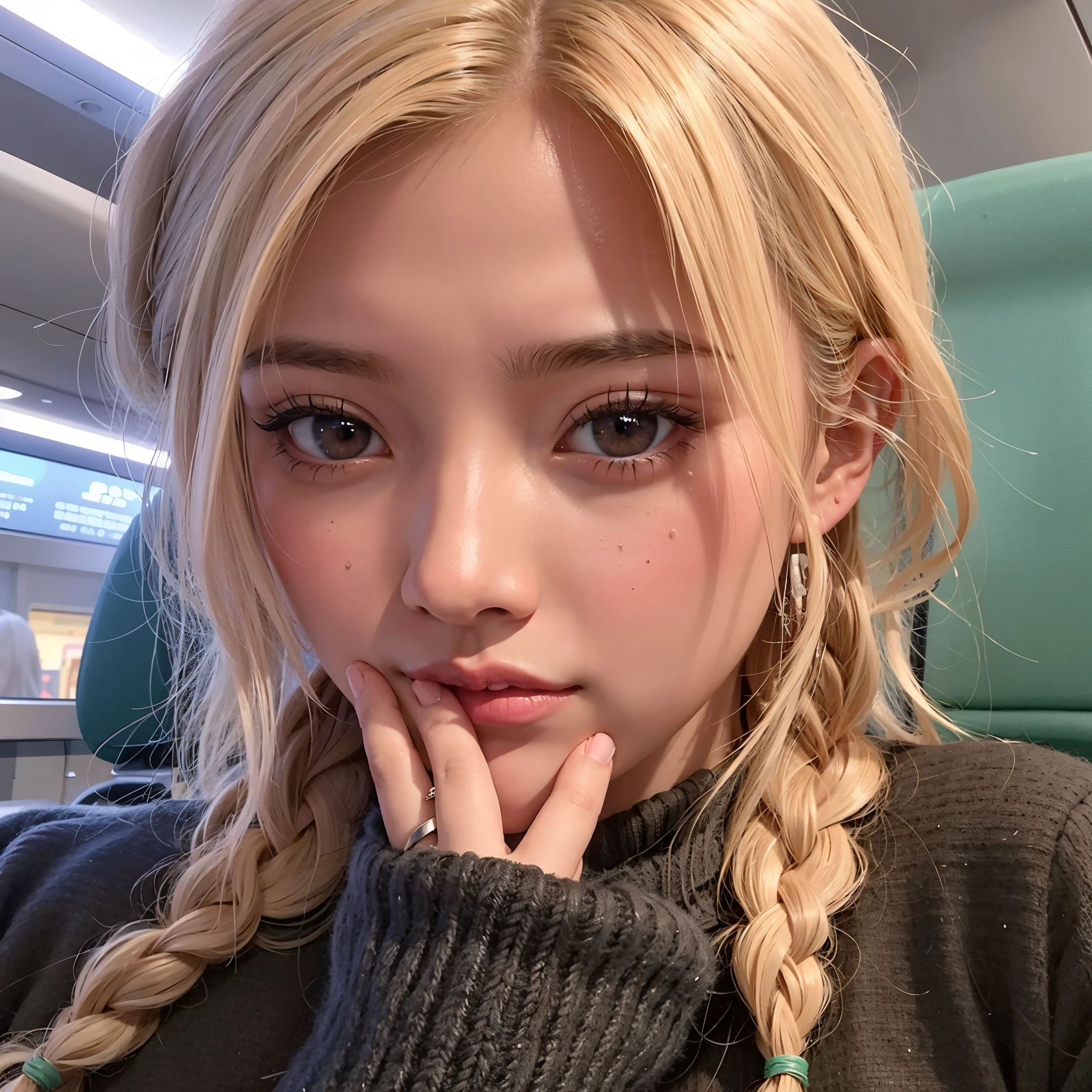 Blonde girl with braided hair sitting on a train looking at camera, parque roseanne de blackpink, jossi de blackpink, Jisoo de Blackpink, jisoo de blackpink, tzuyu de dos veces, portrait of jossi de blackpink, kim doyoung, Lalisa Manoban de Blackpink, Jinyoung Shin, retrato de jisoo rosa negro, heonhwa choe, ella tiene una cara linda