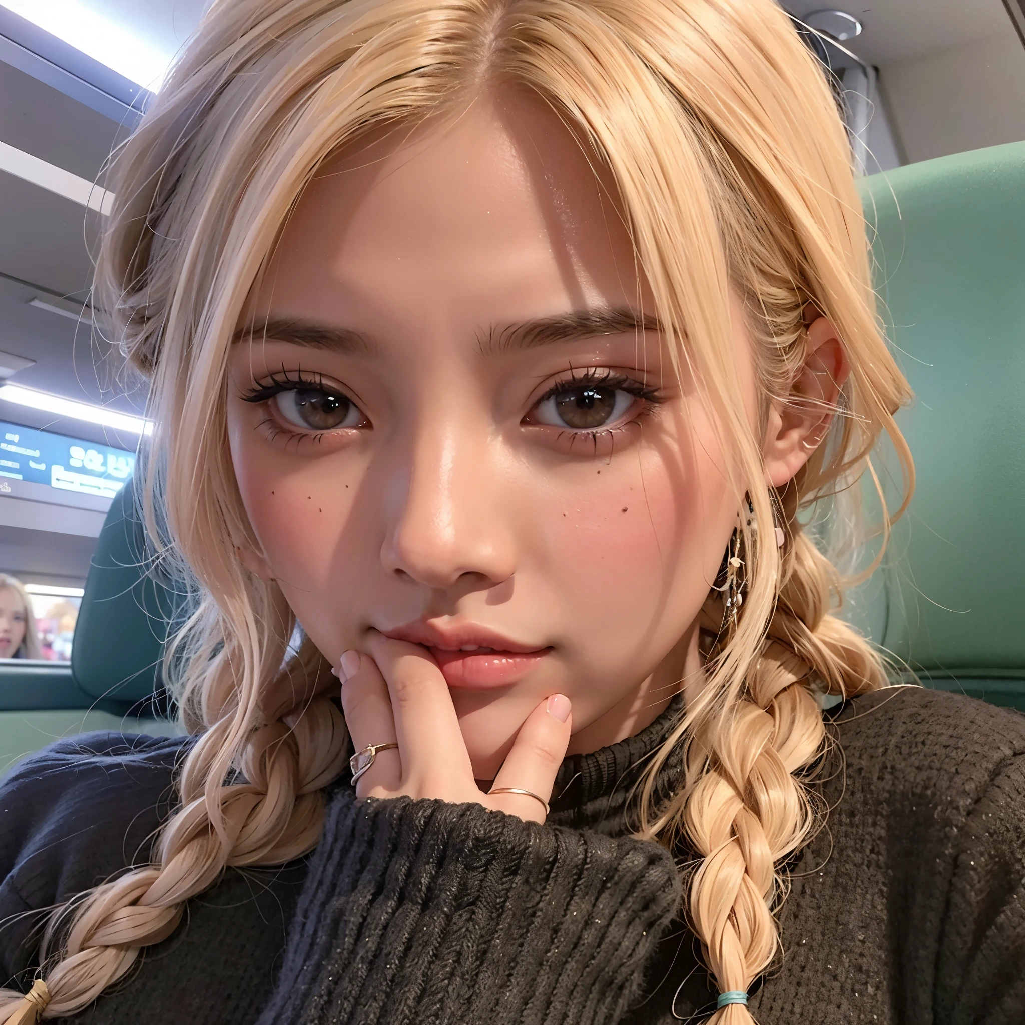 Blonde girl with braided hair sitting on a train looking at camera, parque roseanne de blackpink, jossi de blackpink, Jisoo de Blackpink, jisoo de blackpink, tzuyu de dos veces, portrait of jossi de blackpink, kim doyoung, Lalisa Manoban de Blackpink, Jinyoung Shin, retrato de jisoo rosa negro, heonhwa choe, ella tiene una cara linda
