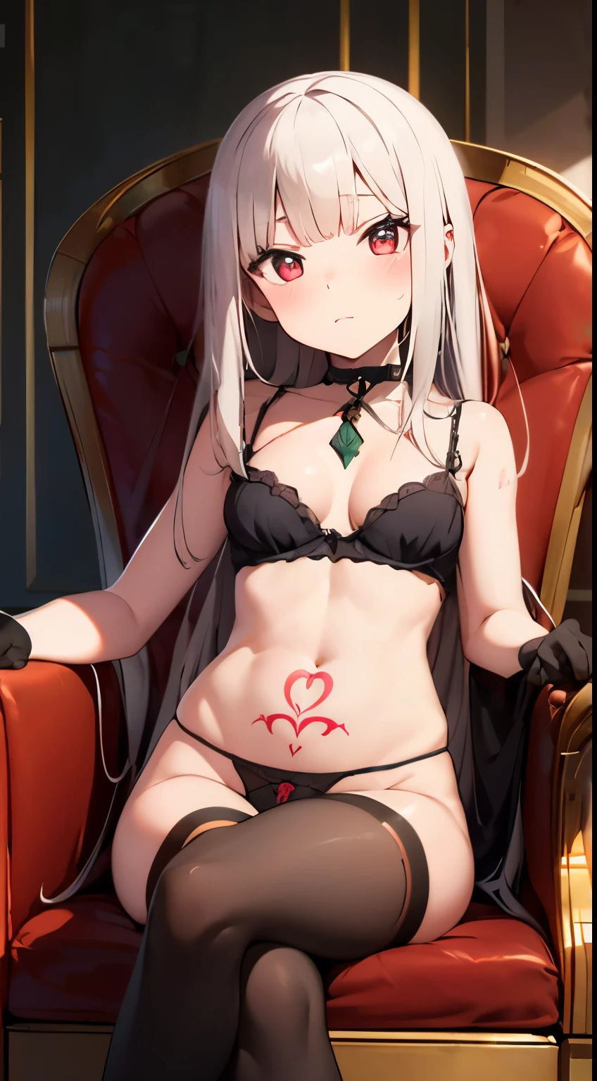 Emilia Girl, cold look proud contempt, long straight white hair bangs, beautiful young body, small breasts, sexy gothic lingerie, black G-string panties, garterbelt long stockings, black gloves, uterus tattoo, sitting on an armchair legs open,