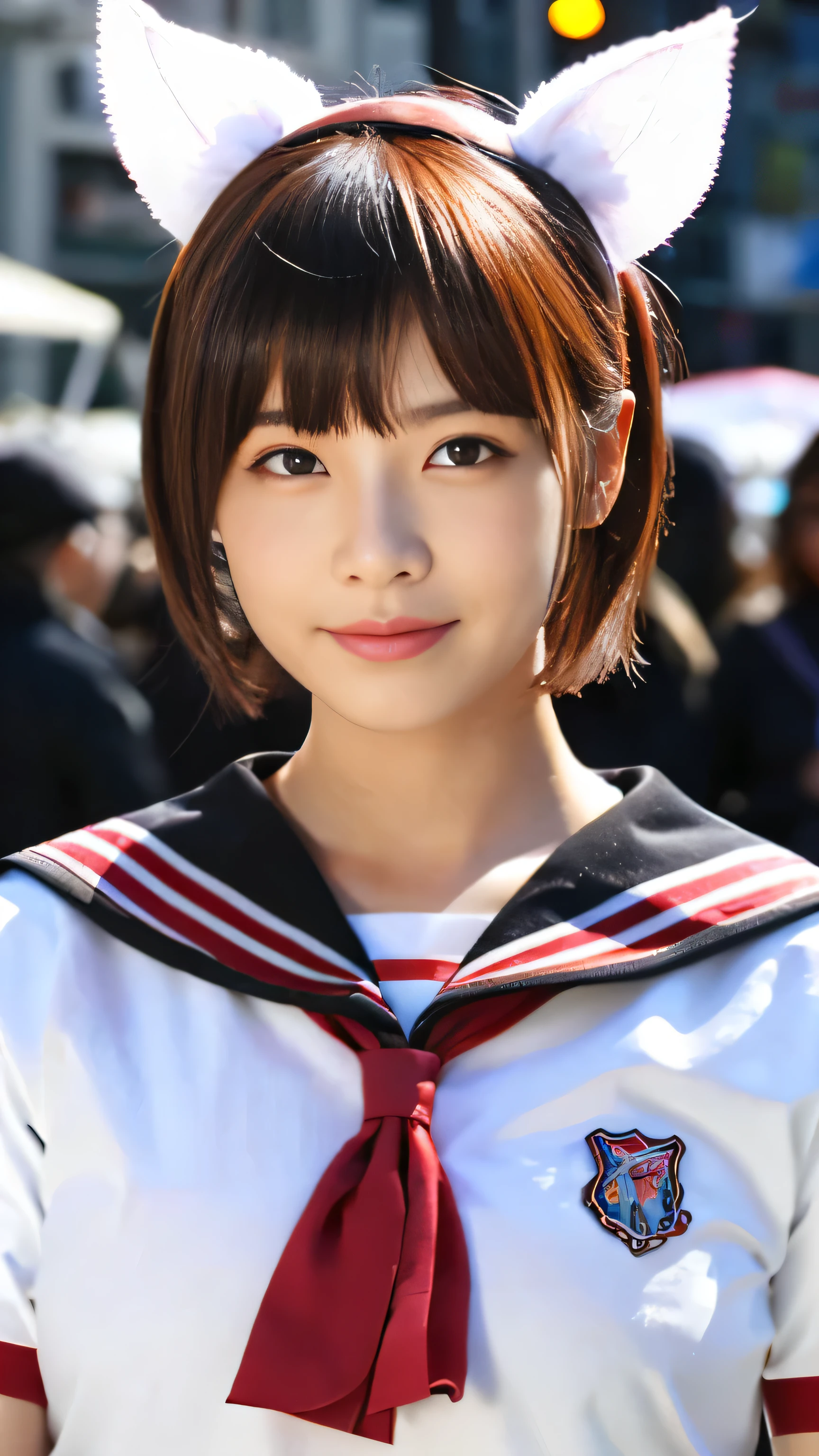skistyle, 1girl, solo, pink hair, animal ears, blue eyes, wings, looking at viewer, bangs, short hair, bow, sailor collar, white sailor collar, hair bow, pink bow, closed mouth, shirt, white shirt, bear ears, bob cut, mini wings, portrait, detached wings, makeup, upper body, city in background