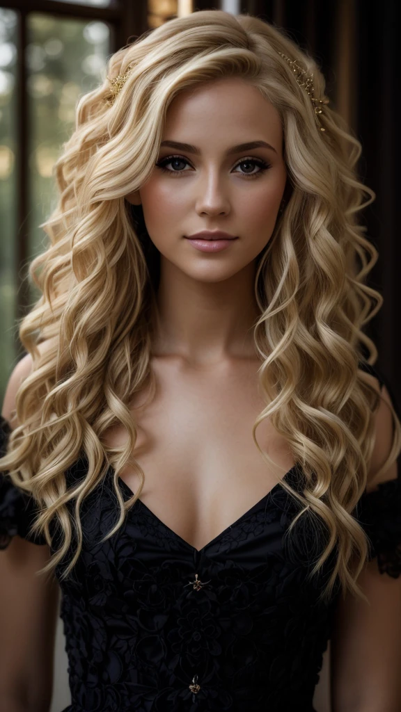 a close up of a woman with long blonDe hair wearing a black Dress, curly blonD, long curly blonD hair, curly blonDe hair, curly blonD hair, long curly blonDe hair, wavy blonD hair, long curly light blonD hair, blonDe beautiful young woman, long wavy blonD hair, beautiful blonDe woman, blonDe curly hair, welliges schönes Haar, curly blonDe hair | D & D