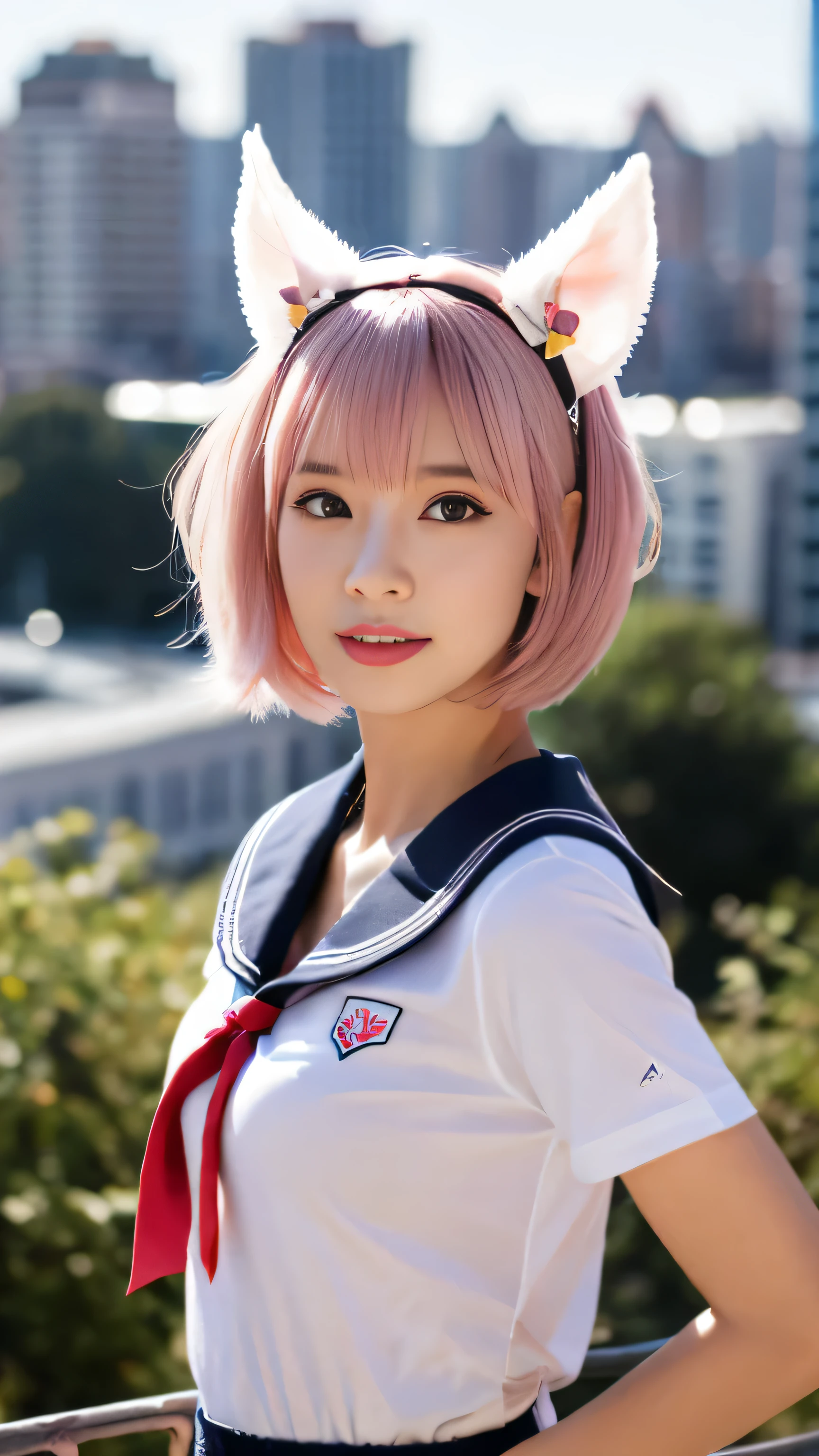 skistyle, 1girl, solo, pink hair, animal ears, blue eyes, wings, looking at viewer, bangs, short hair, bow, sailor collar, white sailor collar, hair bow, pink bow, closed mouth, shirt, white shirt, bear ears, bob cut, mini wings, portrait, detached wings, makeup, upper body, city in background