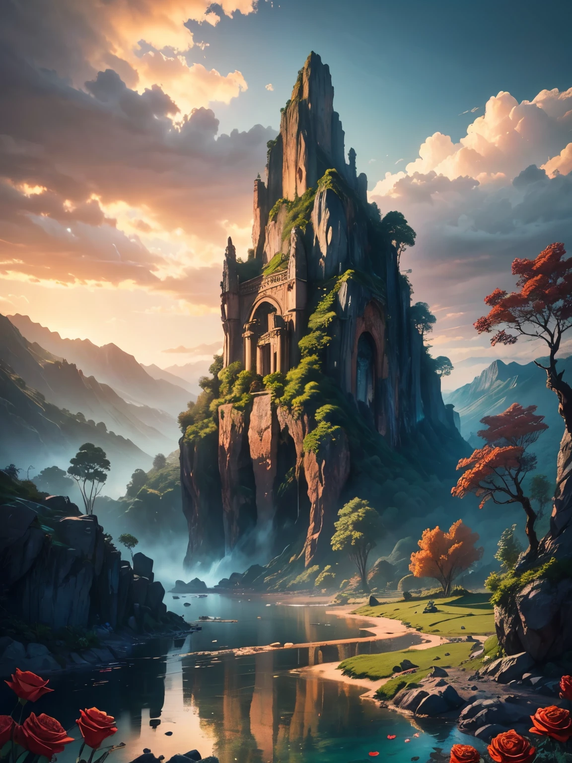 There is a large waterfall in the middle of a mountain, ((ancient city embedded in rock)), epic matte painting of an island, the lost city in the jungle, an Aztec city on an island lake, intricate and beautiful concept art, highly realistic concept art oil painting style, (((masterpiece))), high quality, extremely detailed CG unity 8k wallpaper, landscapes, outdoors, sky, cloud, nobody, mountain, landscape, water, tree, sunset sky with red and orange clouds, cliff waterfall, nature, lake, river, cloudy sky, award-winning photography, bokeh, depth of field, HDR, bloom, chromatic aberration, trending on artstation, trending on CGsociety, intricate, dramatic, midway art , high waterfall, painting of a river with rocks and trees in the foreground, near a river, jungle, crystal clear water, night light, evening sun behind red clouds with divergent sun rays, colorful, river with rocks, rock bridge , epic, fantasy, ((roses and flowers on the banks of the pond)), ((oil painting)), ((bridge rock))