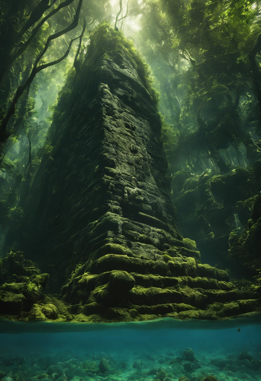 Underwater megalithic civilization, South American Amazon River jungle, unexplored, undiscovered, science fiction, 4K images.