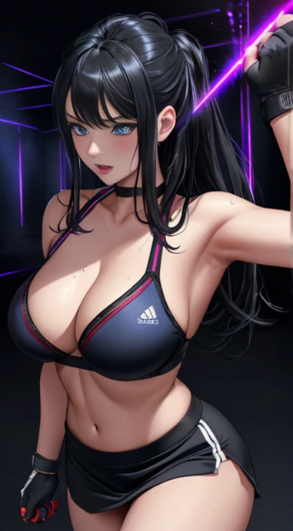 top-quality、Top image quality、masterpiece、girl with((cute little、18year old、Best Bust、Medium bust、Bust 85,Beautiful blue eyes、Breasts wide open,Long Black Hair、A slender、Middle knot、Black Sports Bra、White short skirt,Reflecting the whole body、Black perforated gloves、Sweating、Straight punch、Splattering sweat))hiquality、Beautiful Art、Background with((clubhouse、Blue lighting、Purple Laser Illumination、Red laser illumination,Yellow laser illumination,fitness club、natta、Virtual Worlds)),masutepiece、Elaborate design、visualart、depth of fields、The best lighting、highestdetailed、8k,Super delicate
