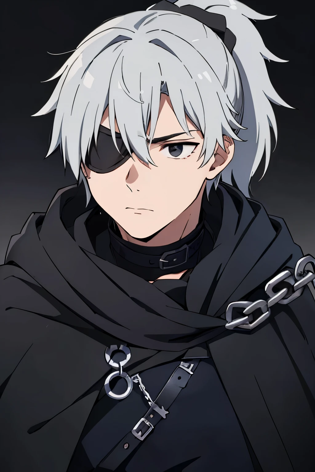 A man, 18 years old, cold expression, black eyes, messy short gray hair, with ponytail, black eyes, left eye patch, black clothes, dark cape with hood, chains. dark background, front camera.