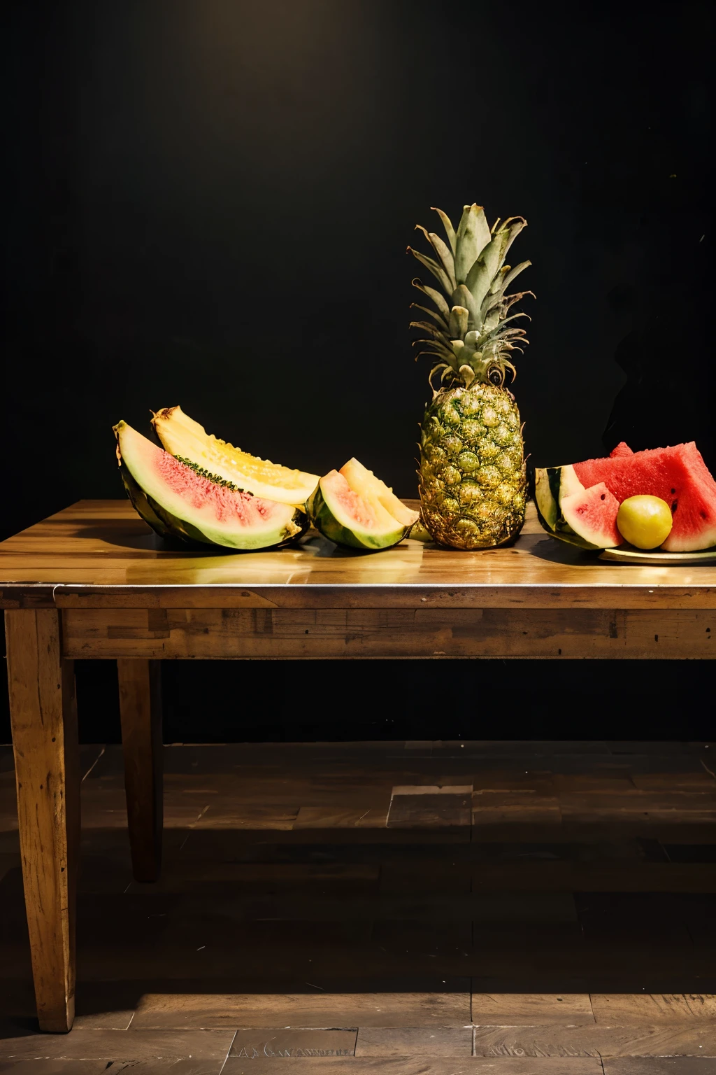 PIneapple, watermelon, banana, grapes in the table for add for supermarket, blackground black