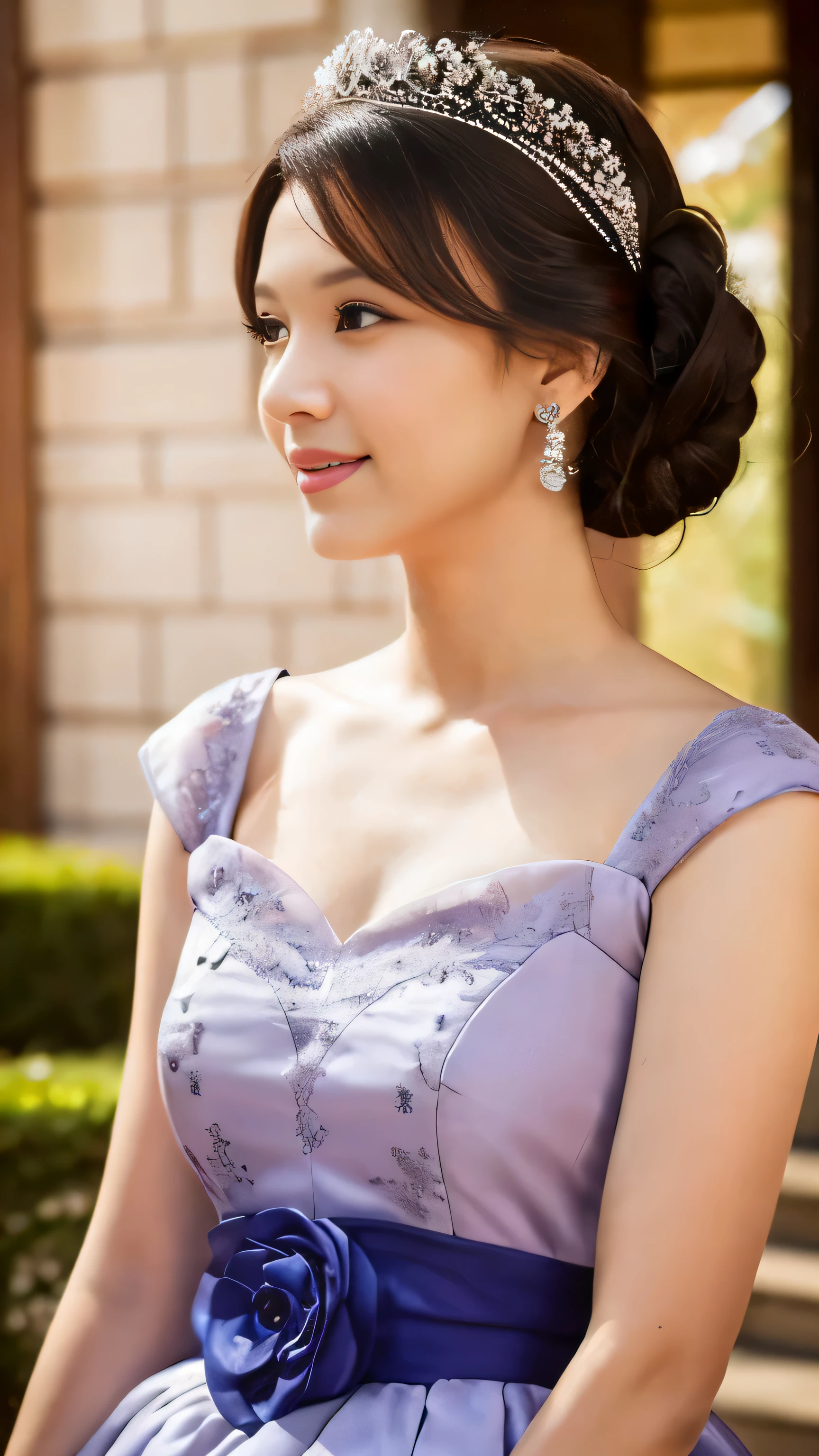 Woman with brown hair, violet eyes, ピンクの dress, Victorian dress, royalty, nobility, having tea with women